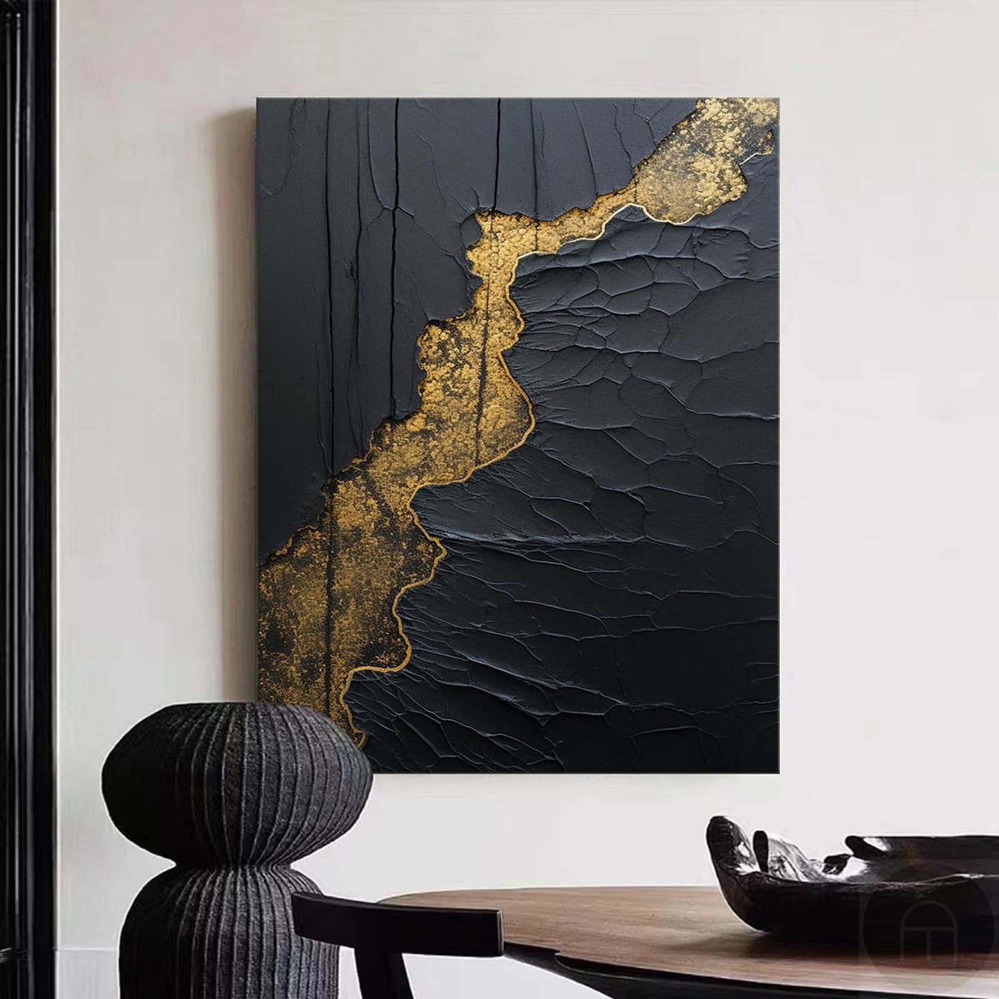 Elegant Black and Gold Minimalist Abstract Oil Painting for Modern Home Decor