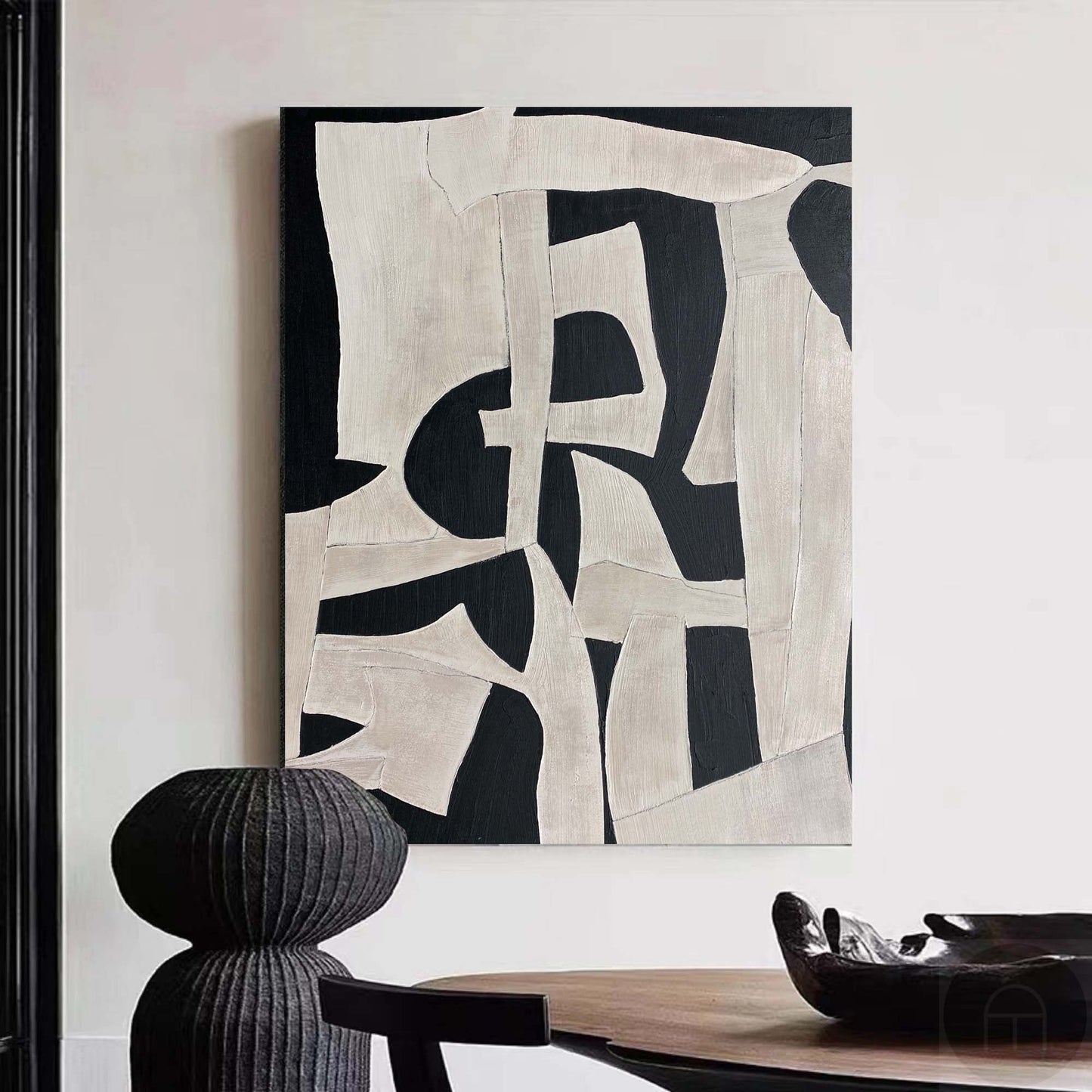 Contemporary Black and White Abstract Oil Painting for Modern Home Decor