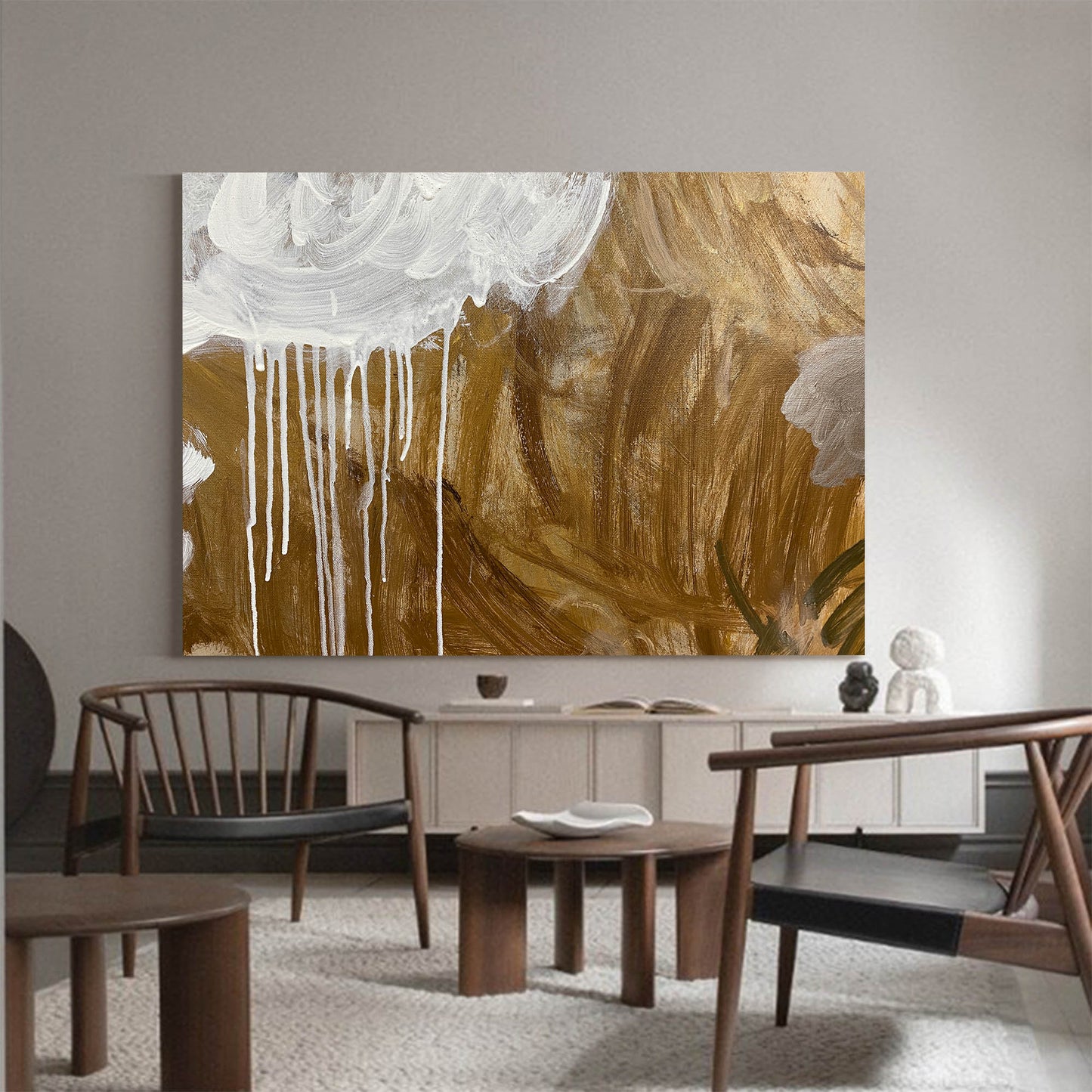 Contemporary Gold and White Abstract Oil Painting for Modern Decor