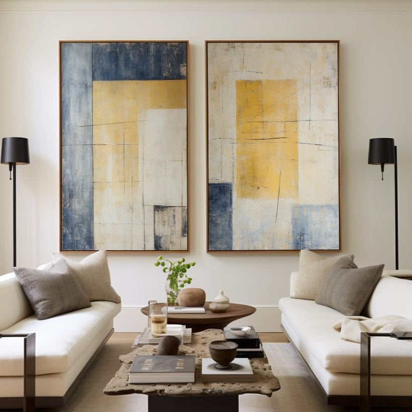 Contemporary Abstract Duo in Yellow and Blue for Modern Home Decor