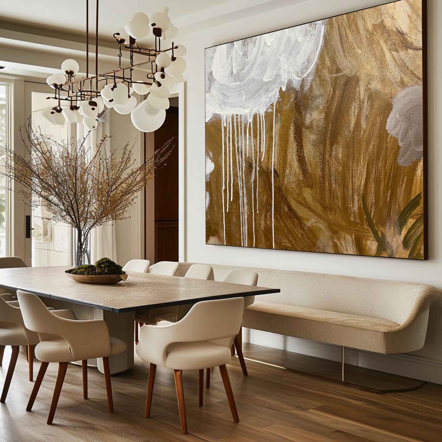 Contemporary Gold and White Abstract Oil Painting for Modern Decor