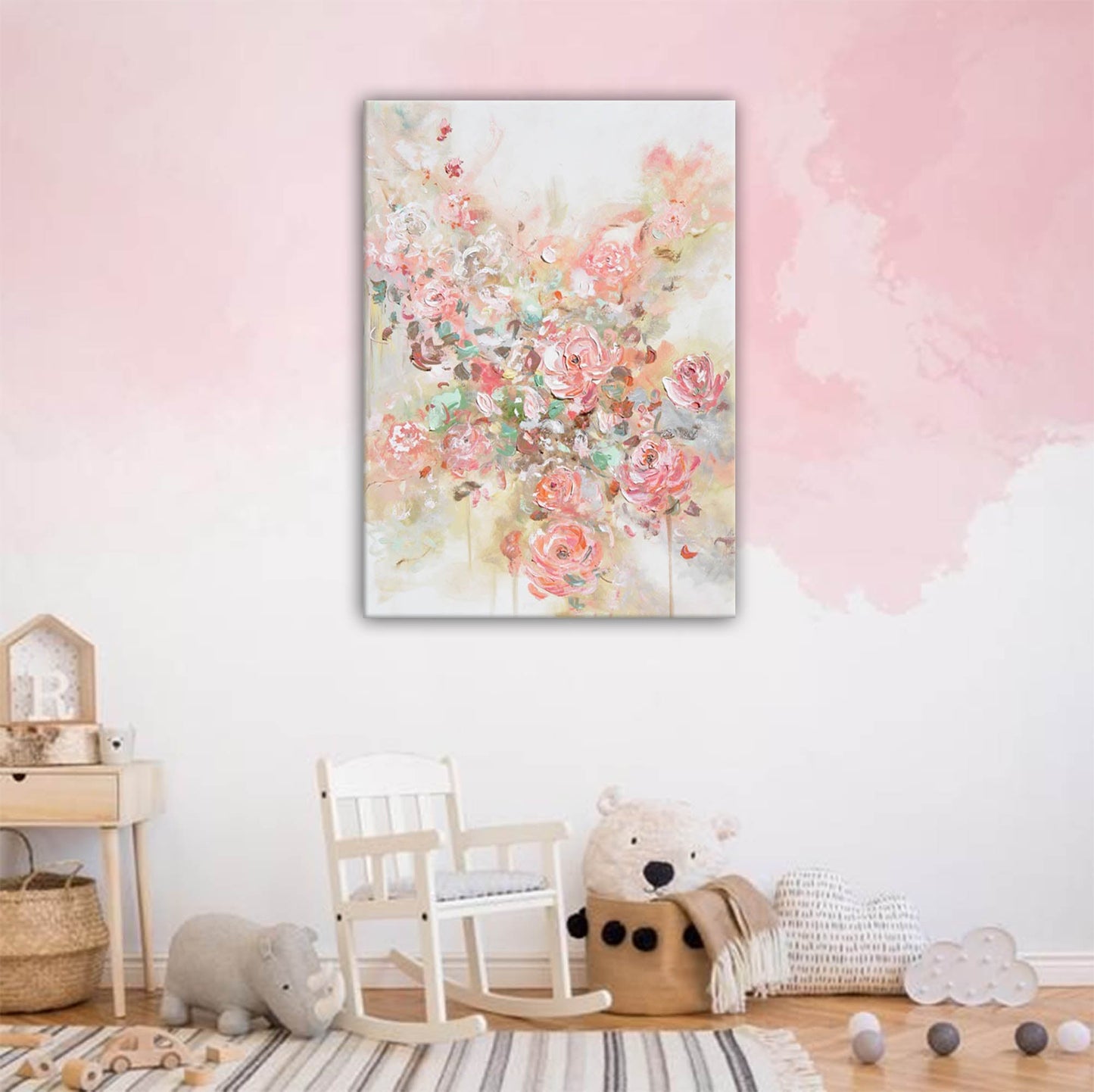 Romantic Floral Oil Painting with Soft Pink Roses and Abstract Background