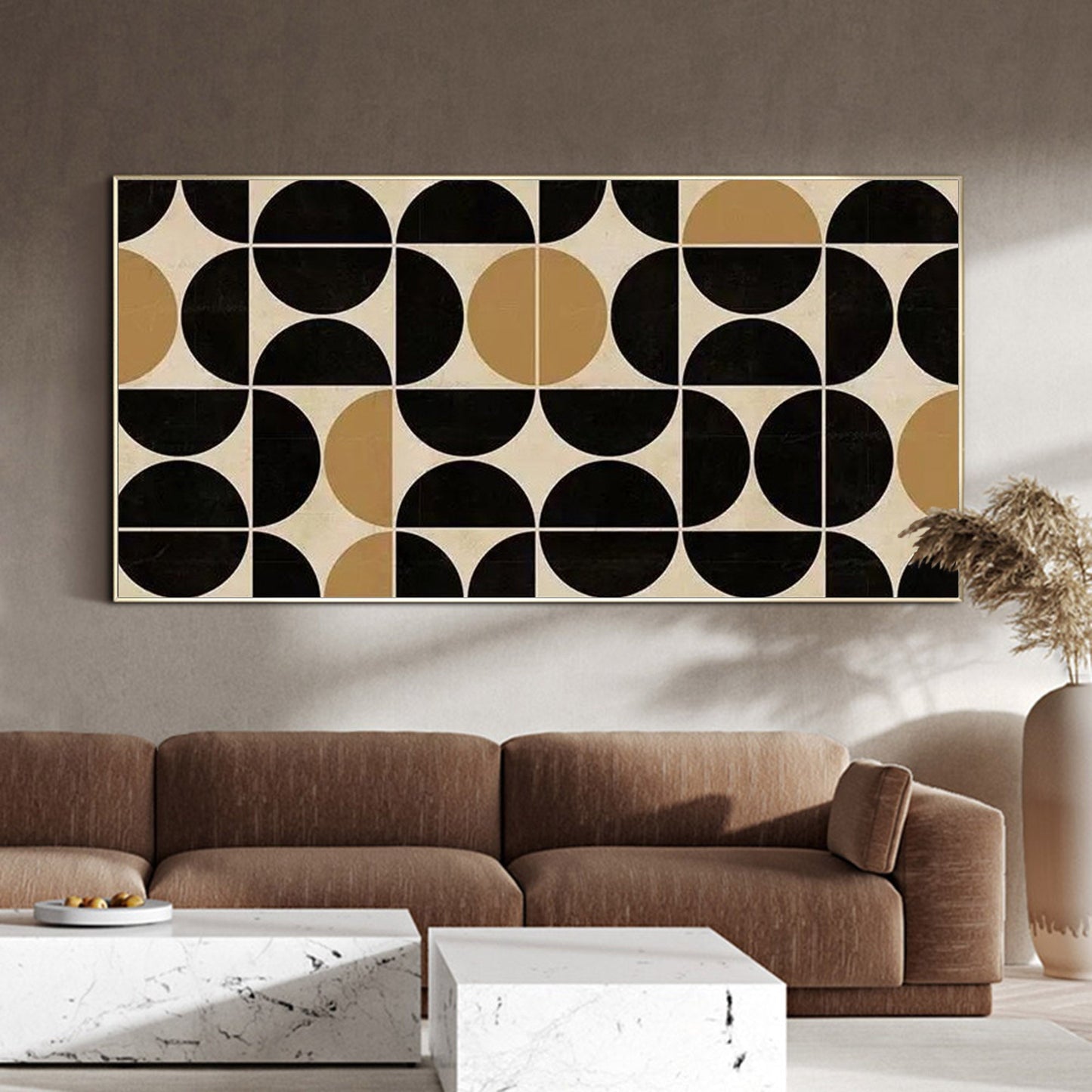 Abstract Geometric Oil Painting in Black, Gold, and Cream for Modern Decor
