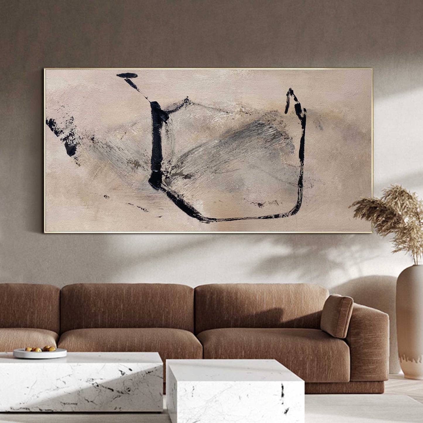 Contemporary Black and Beige Abstract Oil Painting for Modern Home Decor