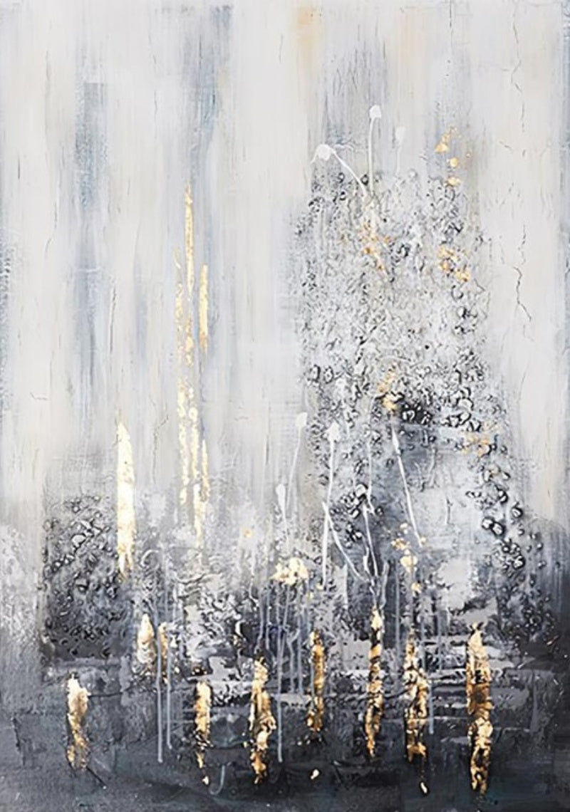Elegant Abstract Oil Painting in Cool Tones with Gold Highlights