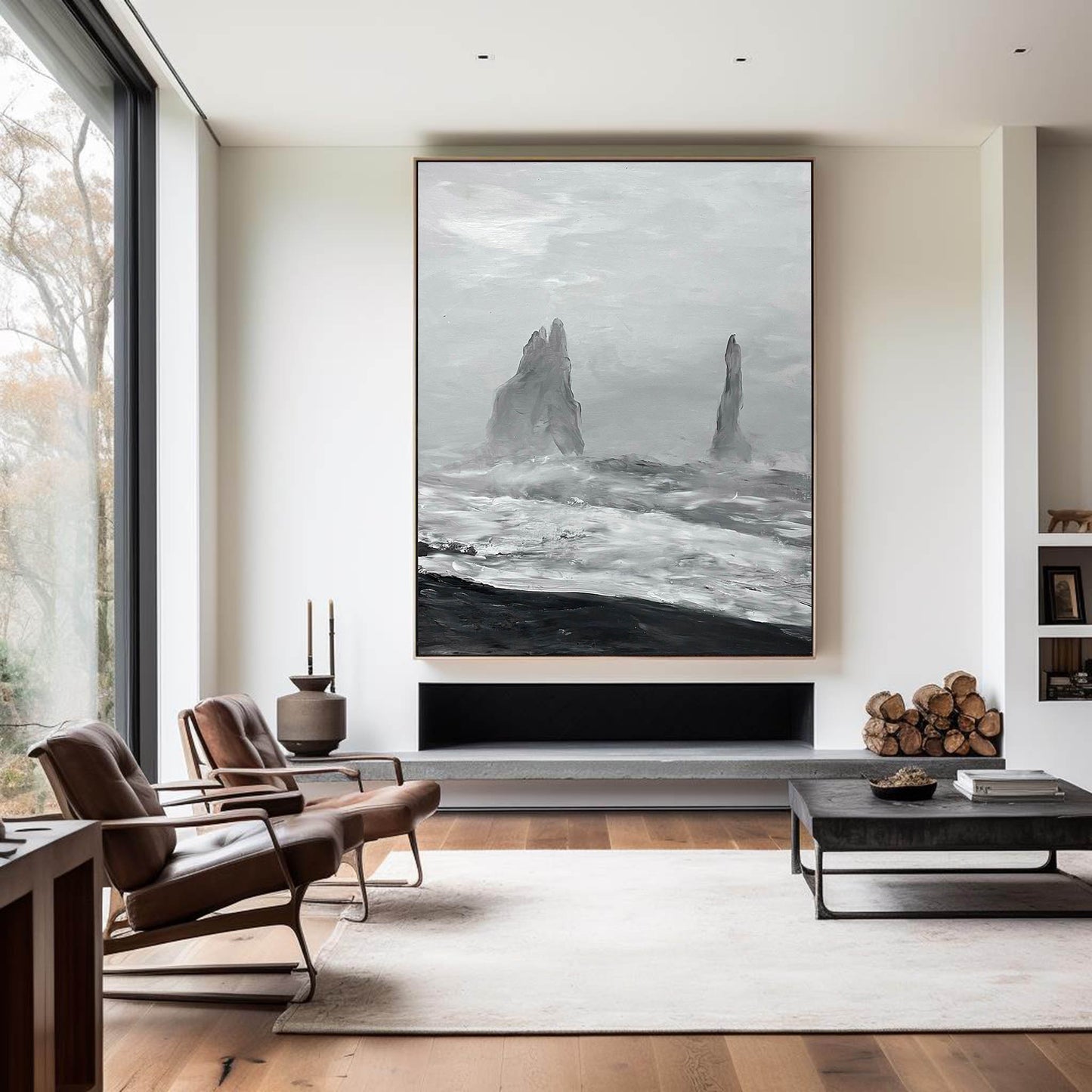 Monochromatic Coastal Landscape Oil Painting with Dramatic Waves and Rocks