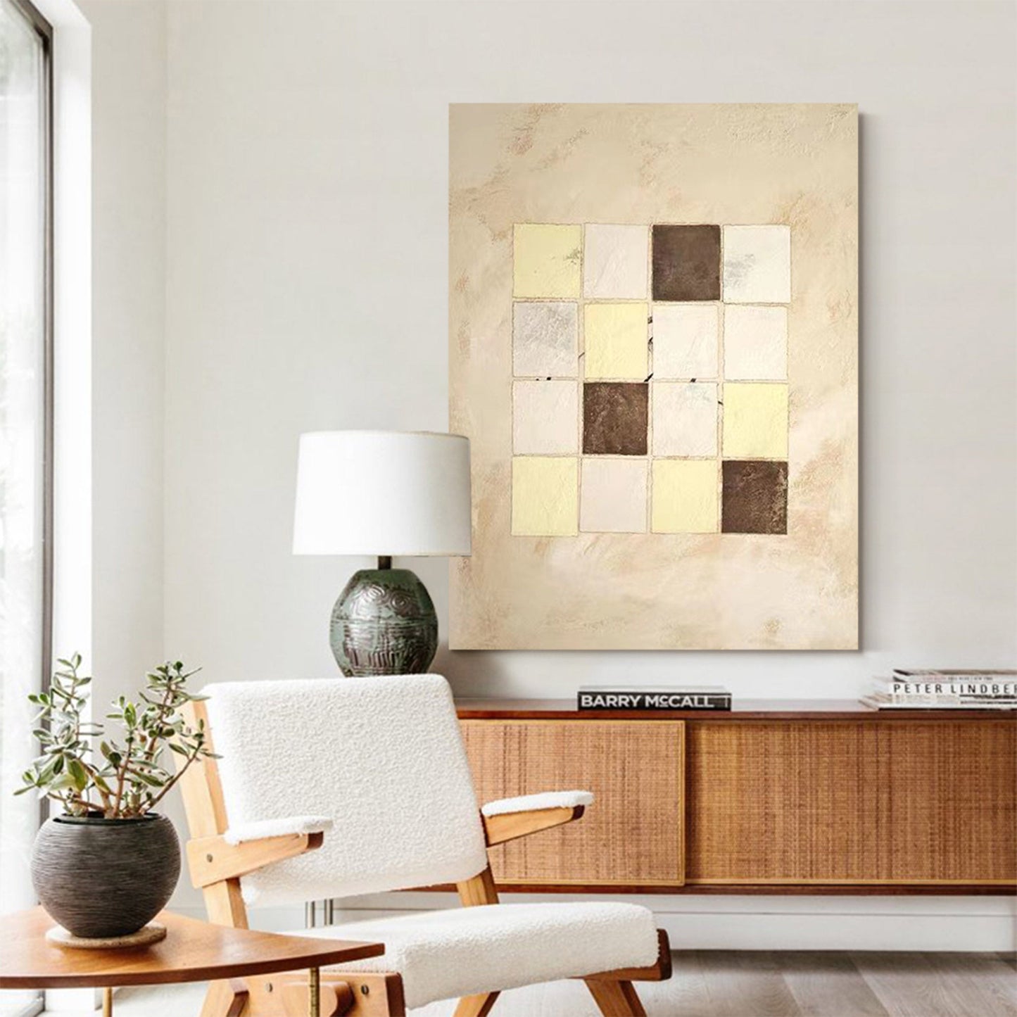 Elegant Beige Geometric Abstract Oil Painting for Modern Home Decor