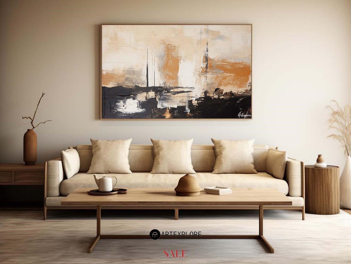 Contemporary Black and Beige Abstract Oil Painting for Modern Decor