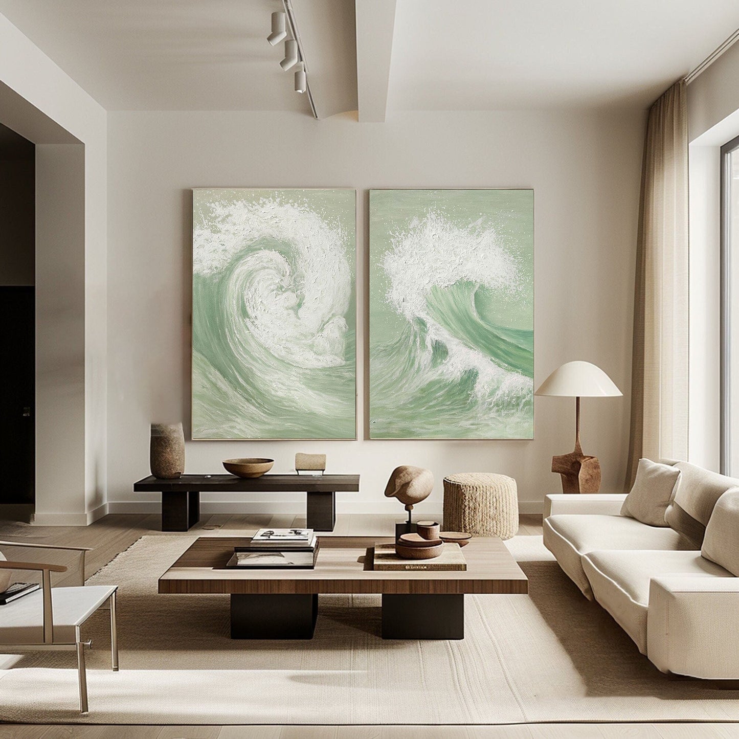 Elegant Green and White Abstract Wave Art for Modern Home Decor Set