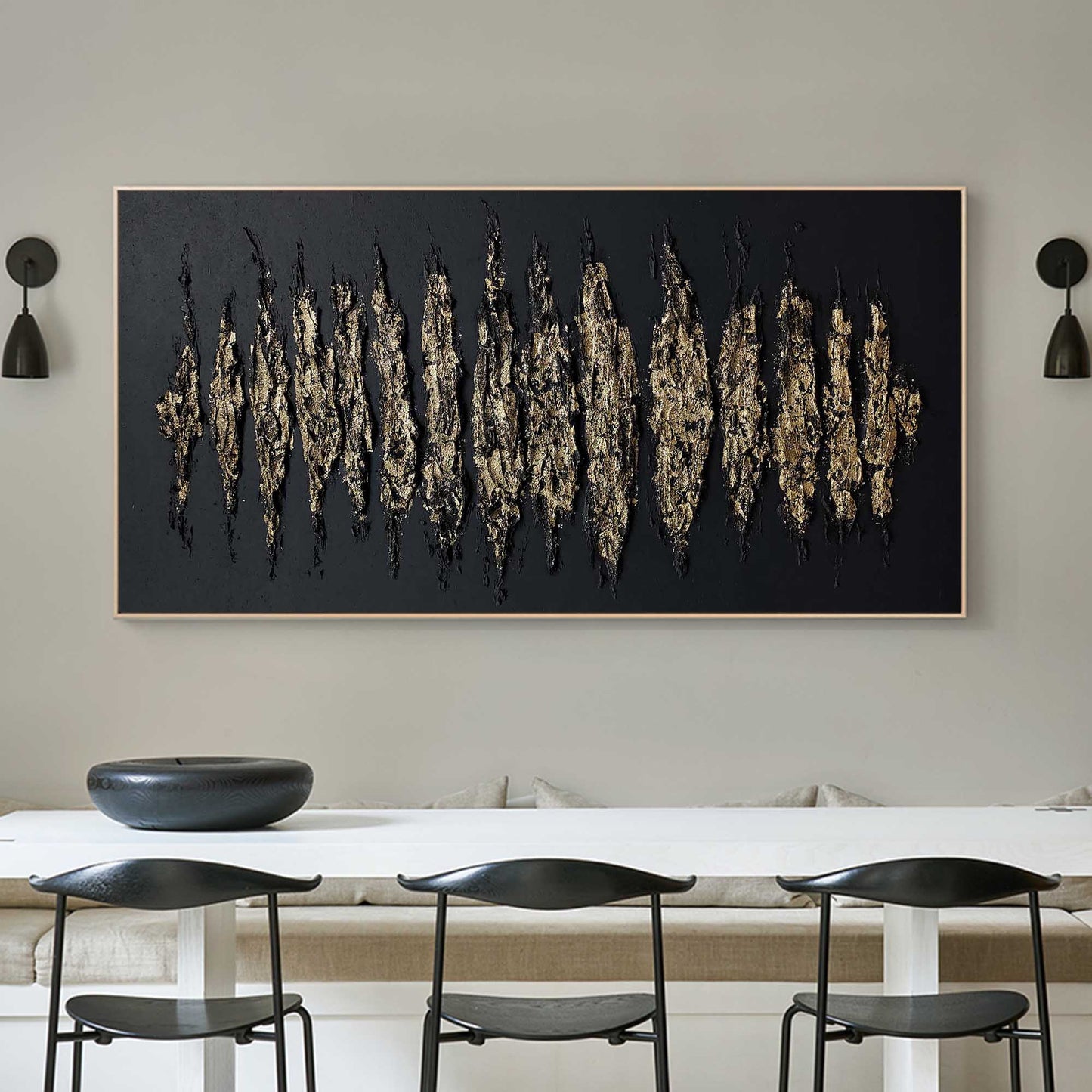Contemporary Gold and Black Abstract Oil Painting for Modern Home Decor