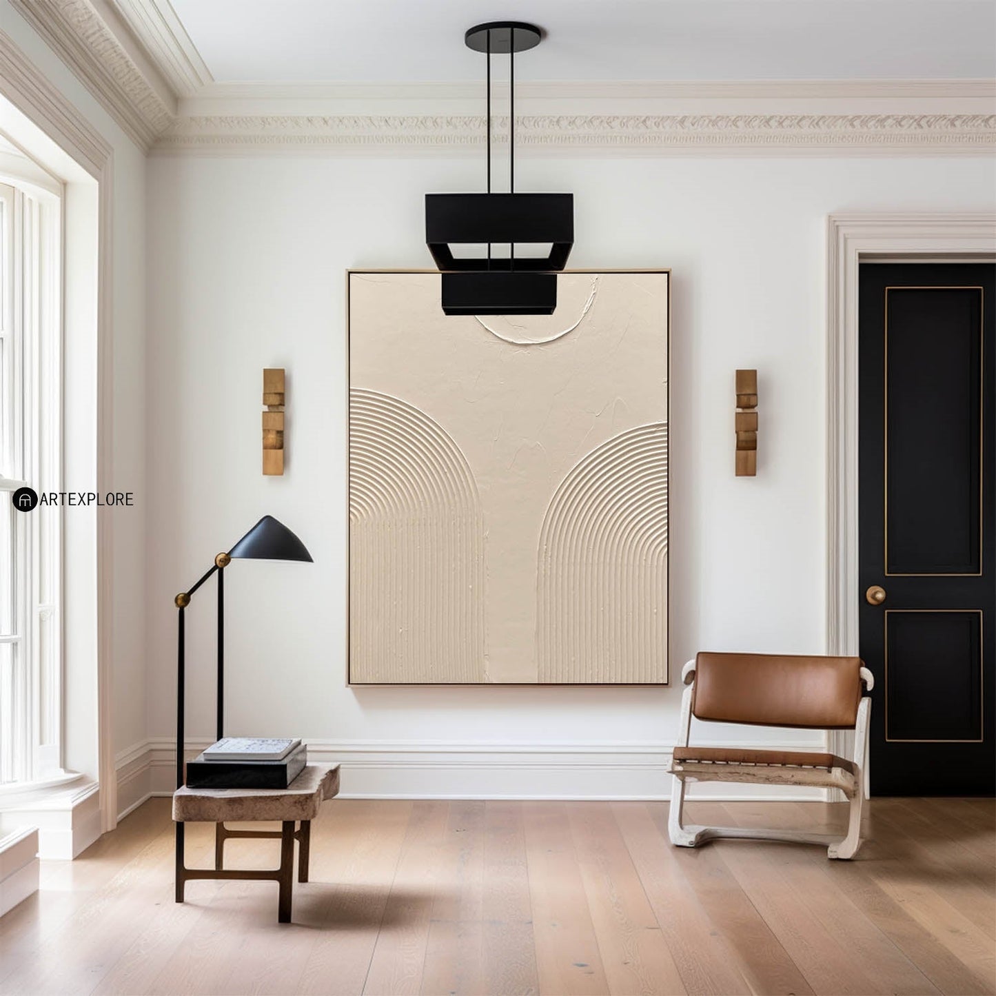 Modern Beige Abstract Oil Painting with Textured Lines and Minimalist Design
