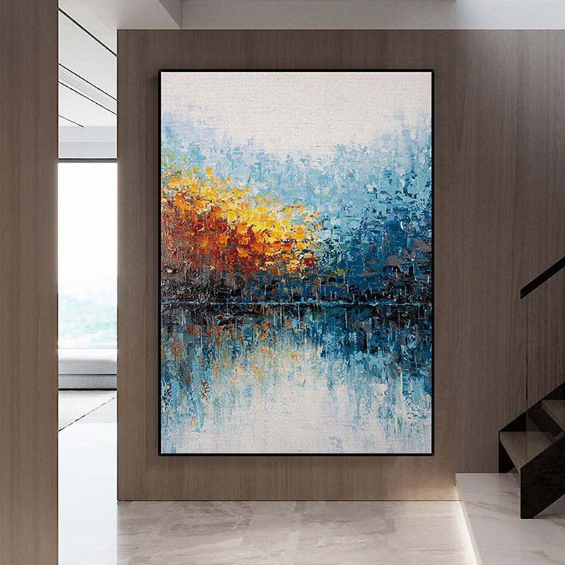 Vibrant Landscape Oil Painting of Autumn Reflections in Water