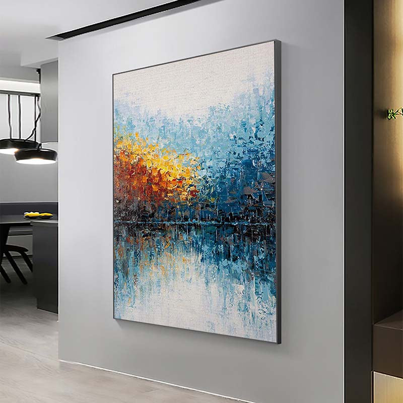 Vibrant Landscape Oil Painting of Autumn Reflections in Water