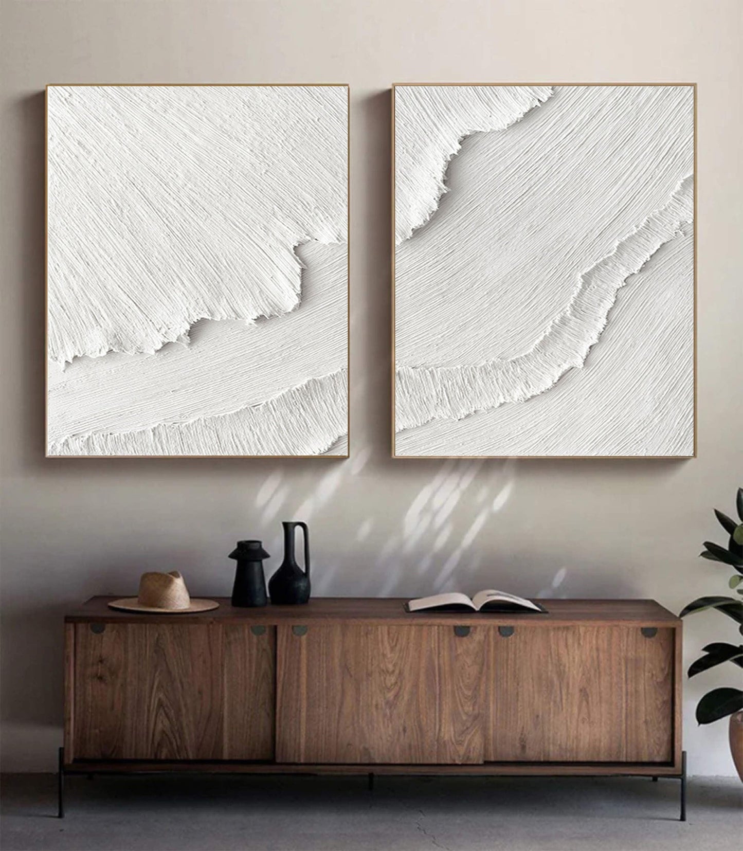 Minimalist White Textured Abstract Oil Paintings for Modern Home Decor Set of Two