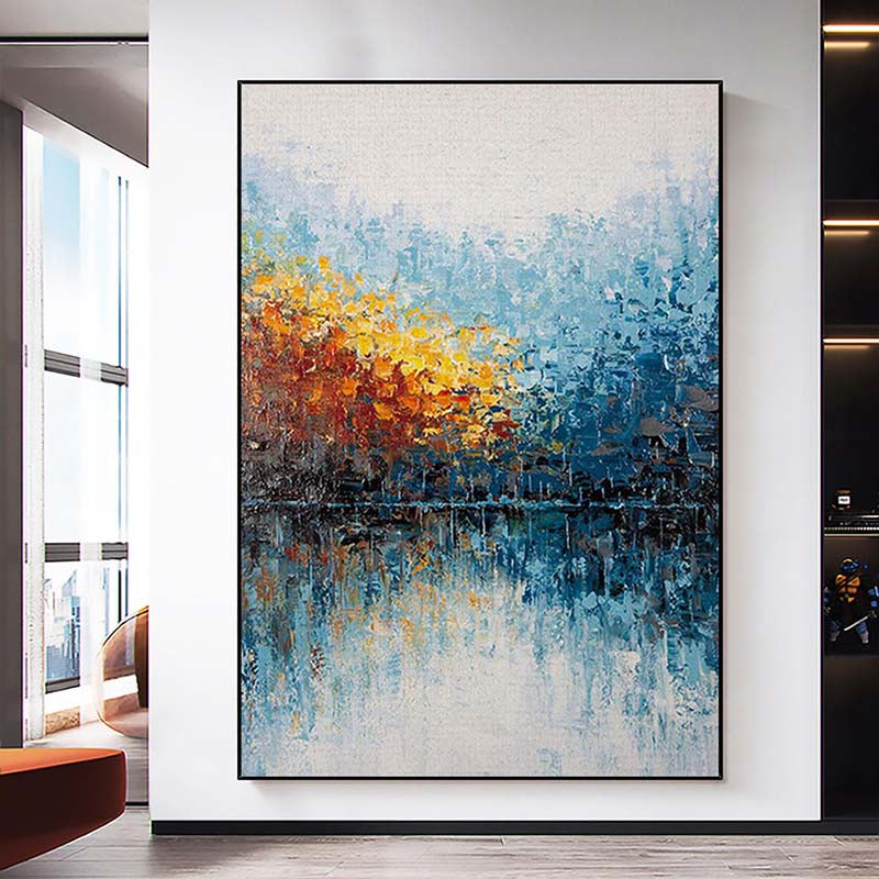 Vibrant Landscape Oil Painting of Autumn Reflections in Water