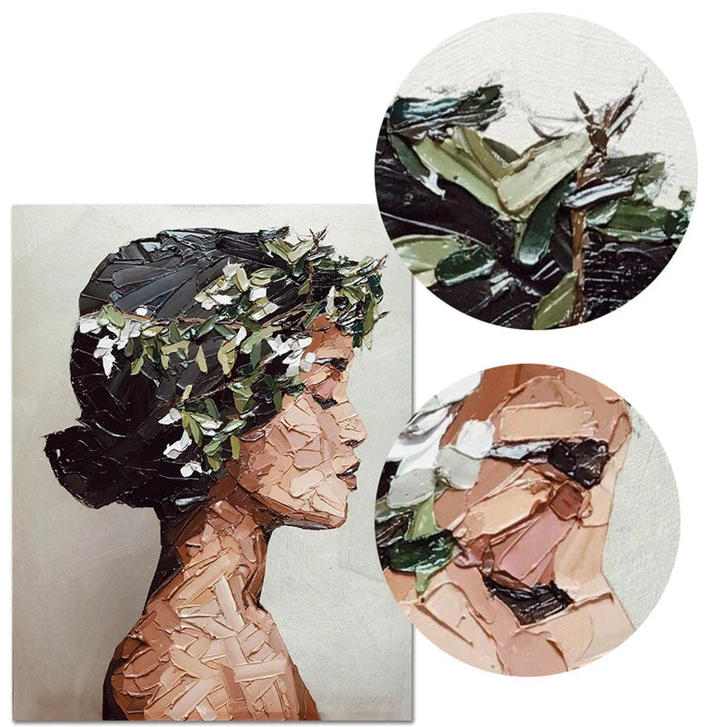 Elegant Profile of a Woman in Oil Paint with Floral Accents