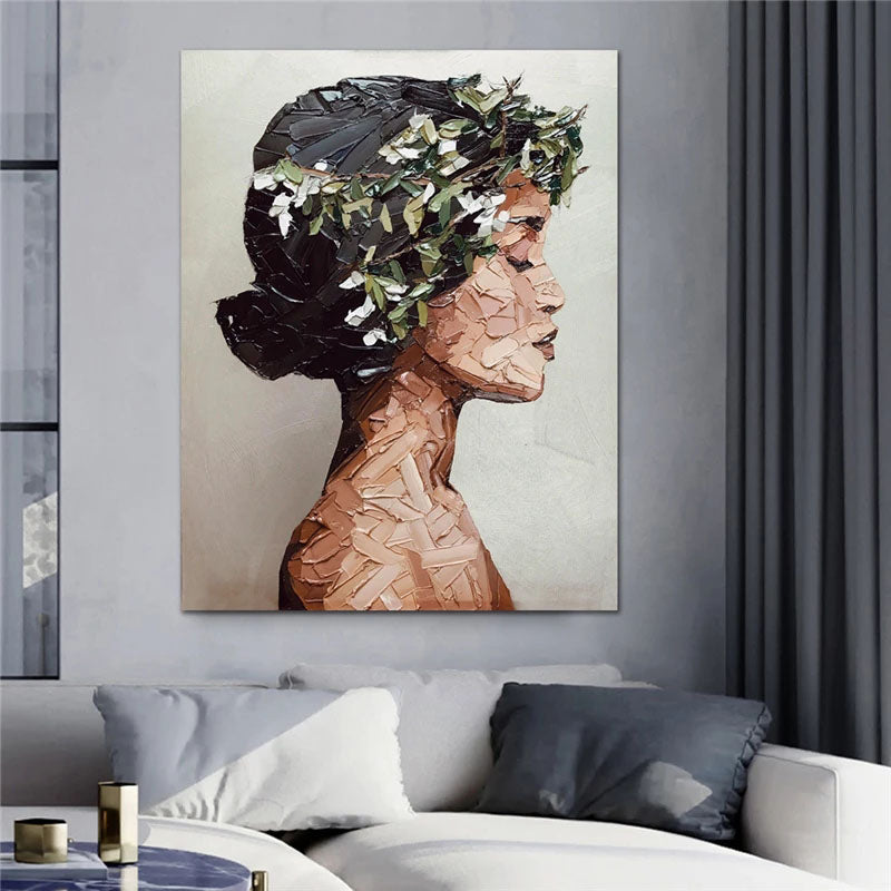 Elegant Profile of a Woman in Oil Paint with Floral Accents