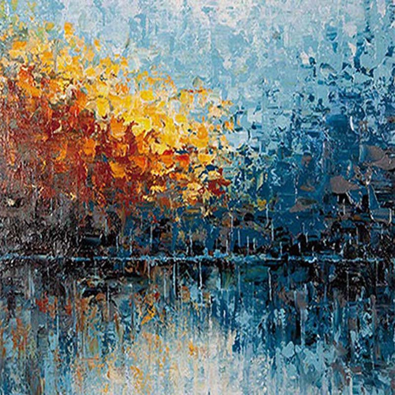 Vibrant Landscape Oil Painting of Autumn Reflections in Water