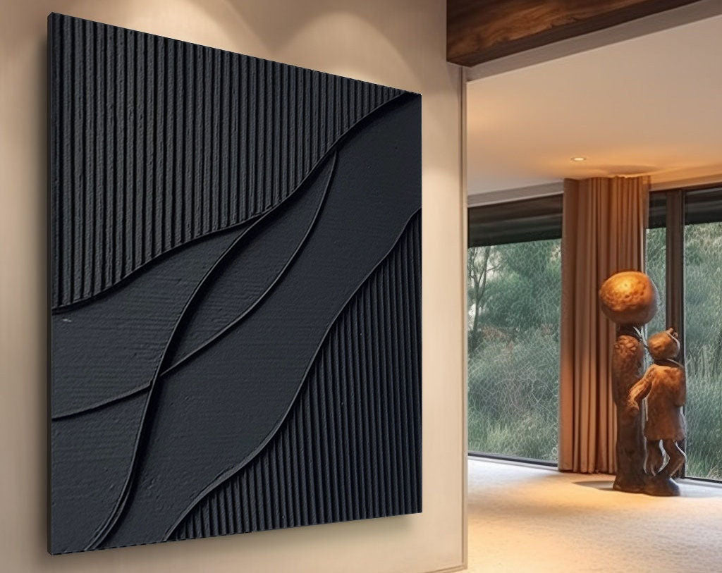 Elegant Black Waves Abstract Oil Painting for Modern Home Decor