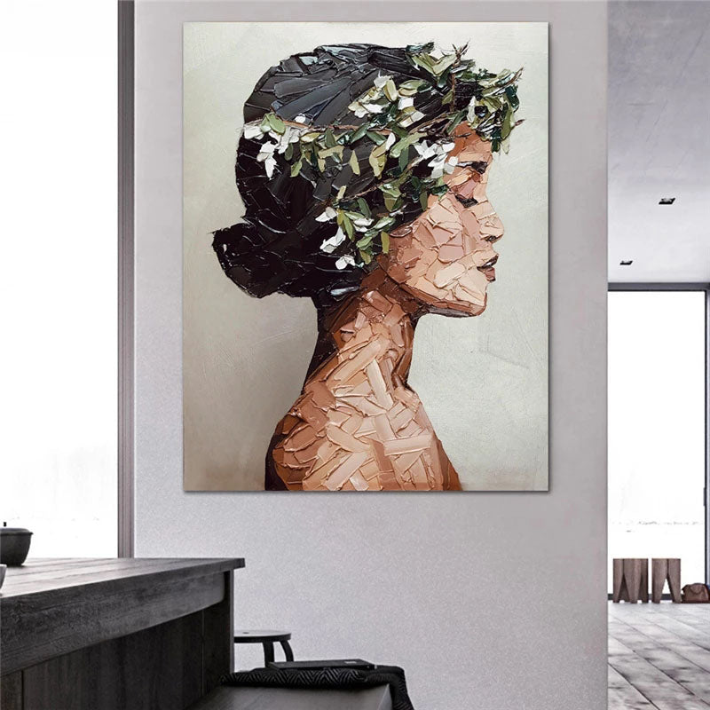 Elegant Profile of a Woman in Oil Paint with Floral Accents