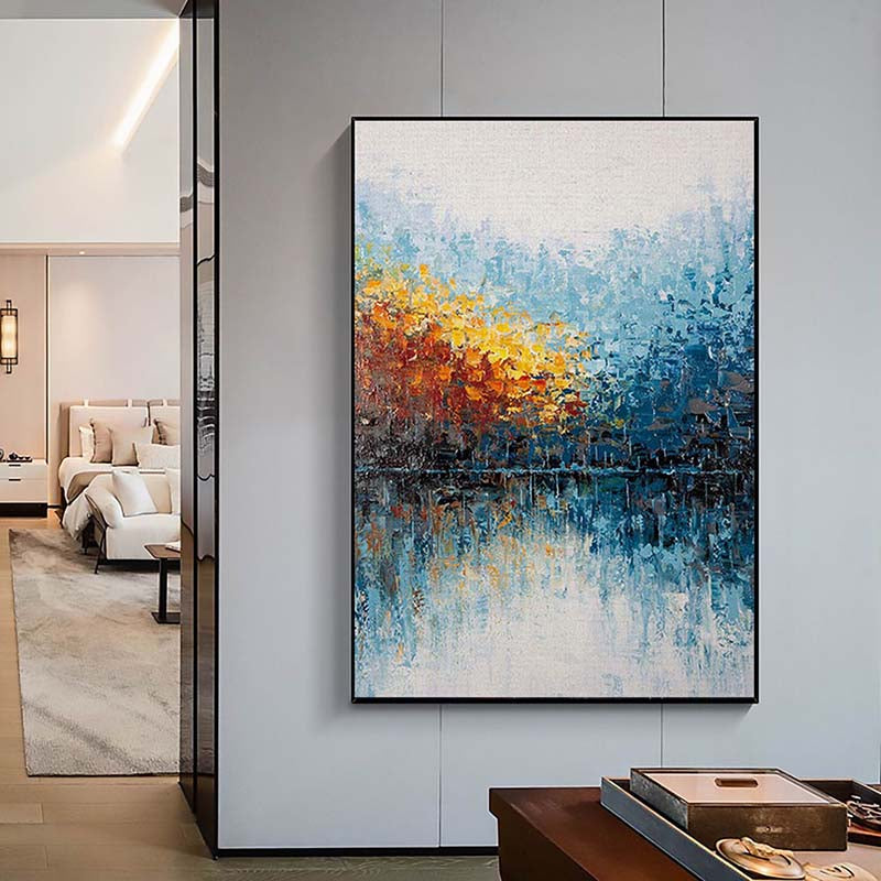Vibrant Landscape Oil Painting of Autumn Reflections in Water