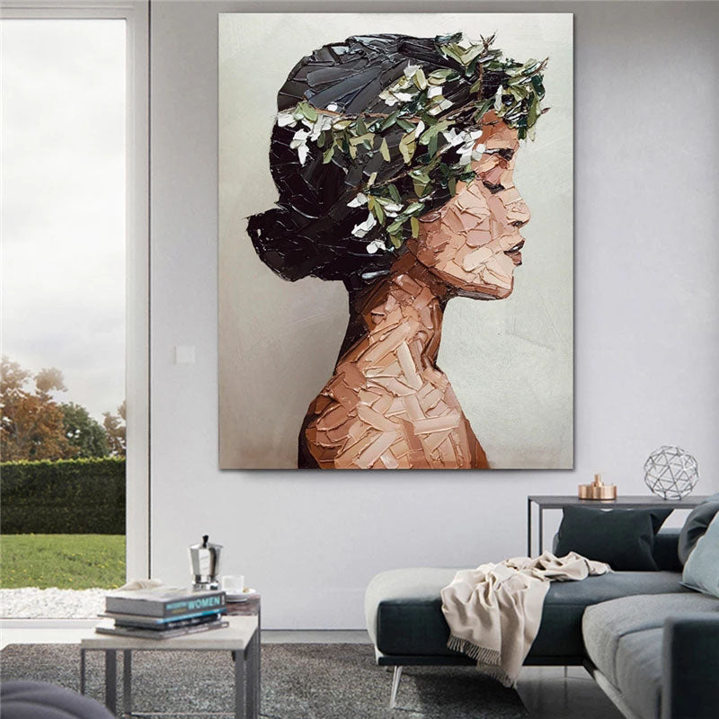 Elegant Profile of a Woman in Oil Paint with Floral Accents