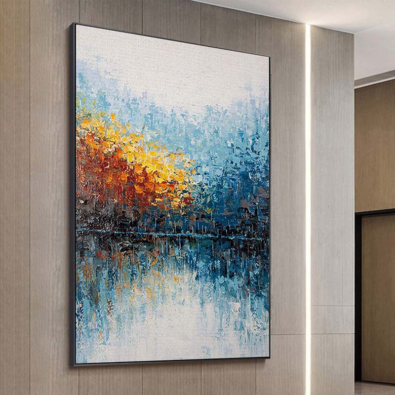 Vibrant Landscape Oil Painting of Autumn Reflections in Water