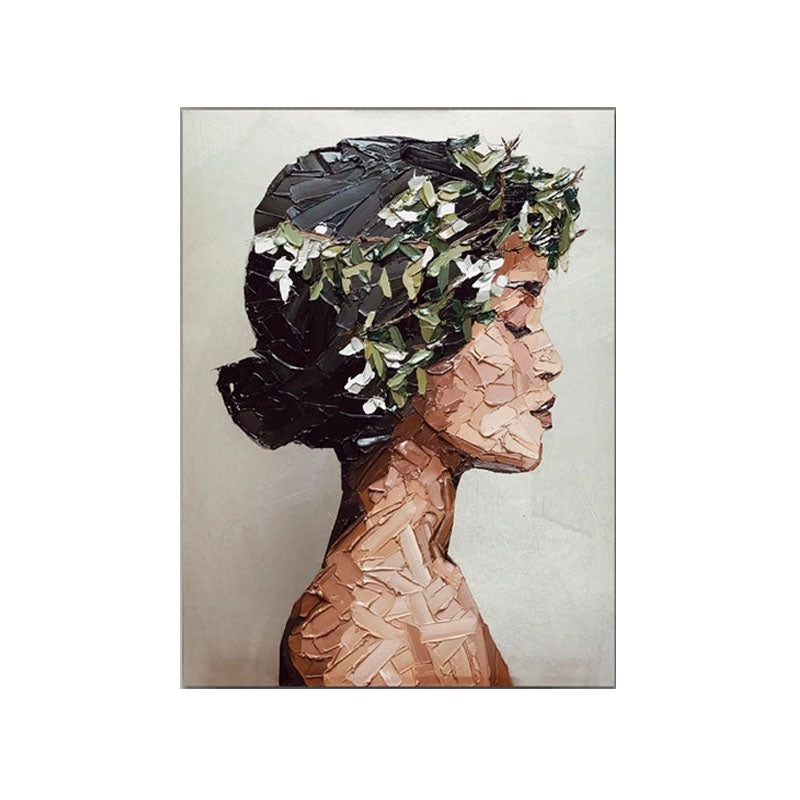 Elegant Profile of a Woman in Oil Paint with Floral Accents