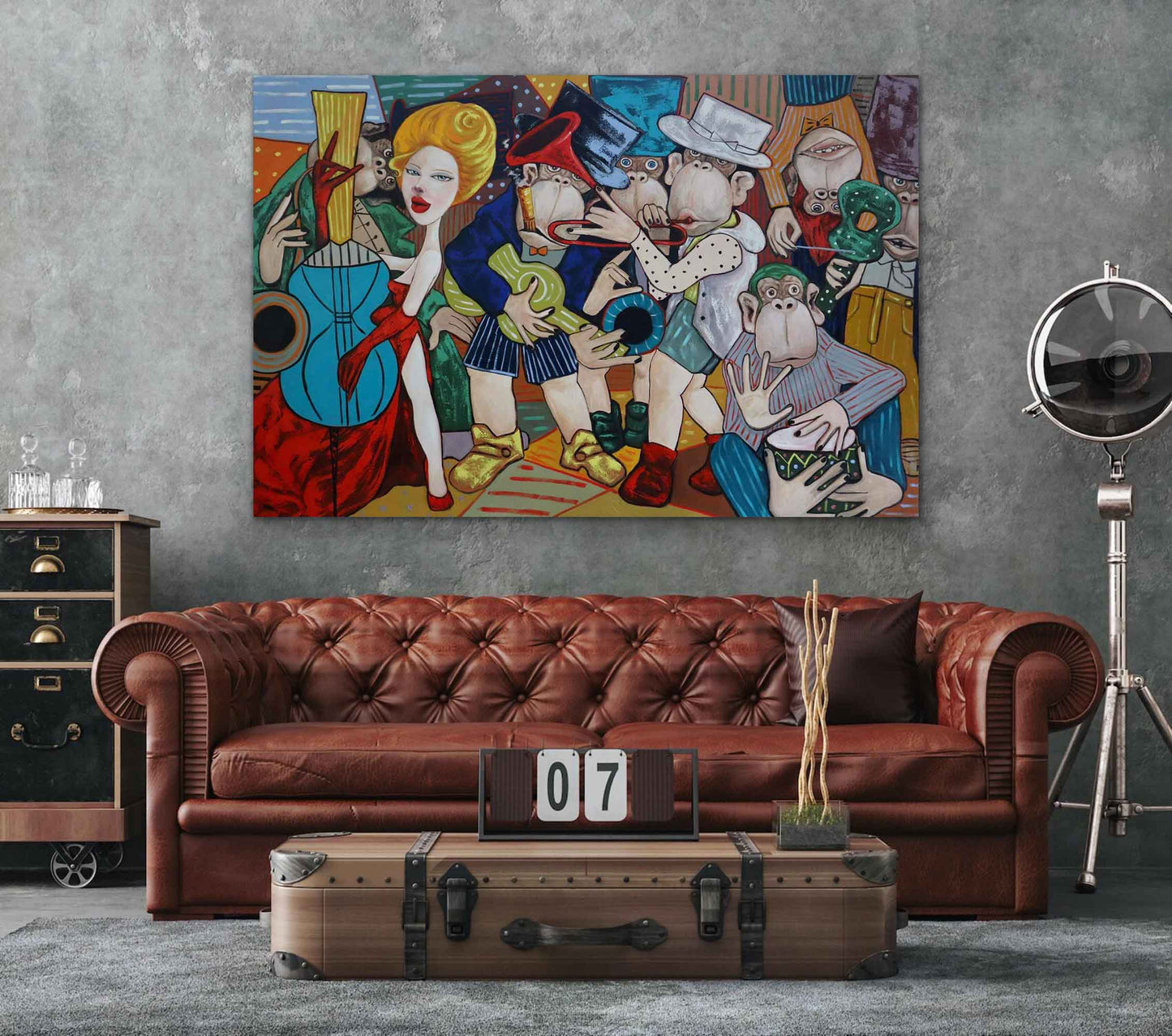 Colorful Pop Art Oil Painting of Musicians and Monkeys in Vibrant Abstract Style