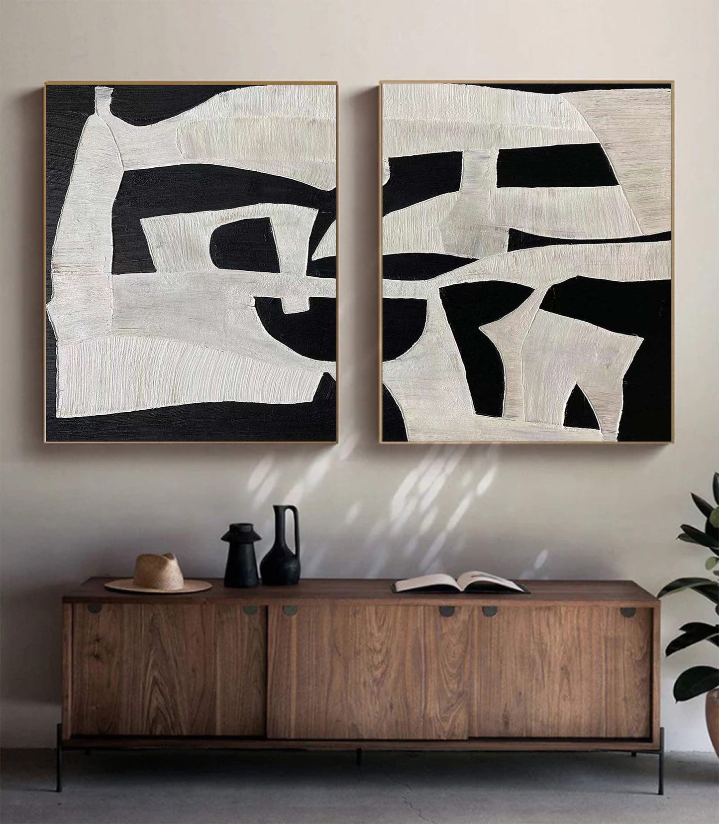 Black and White Abstract Oil Painting Duo – Textured Modern Canvas Art for Contemporary Decor