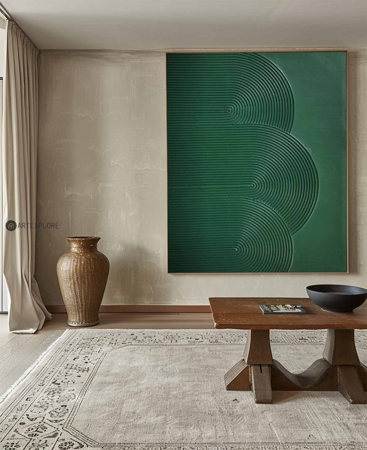 Lush Green Minimalist Oil Painting with Abstract Line Design for Modern Decor