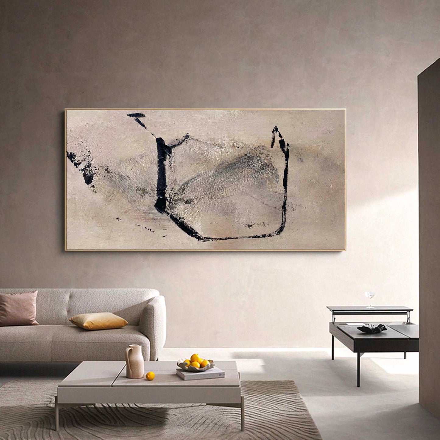 Contemporary Black and Beige Abstract Oil Painting for Modern Home Decor