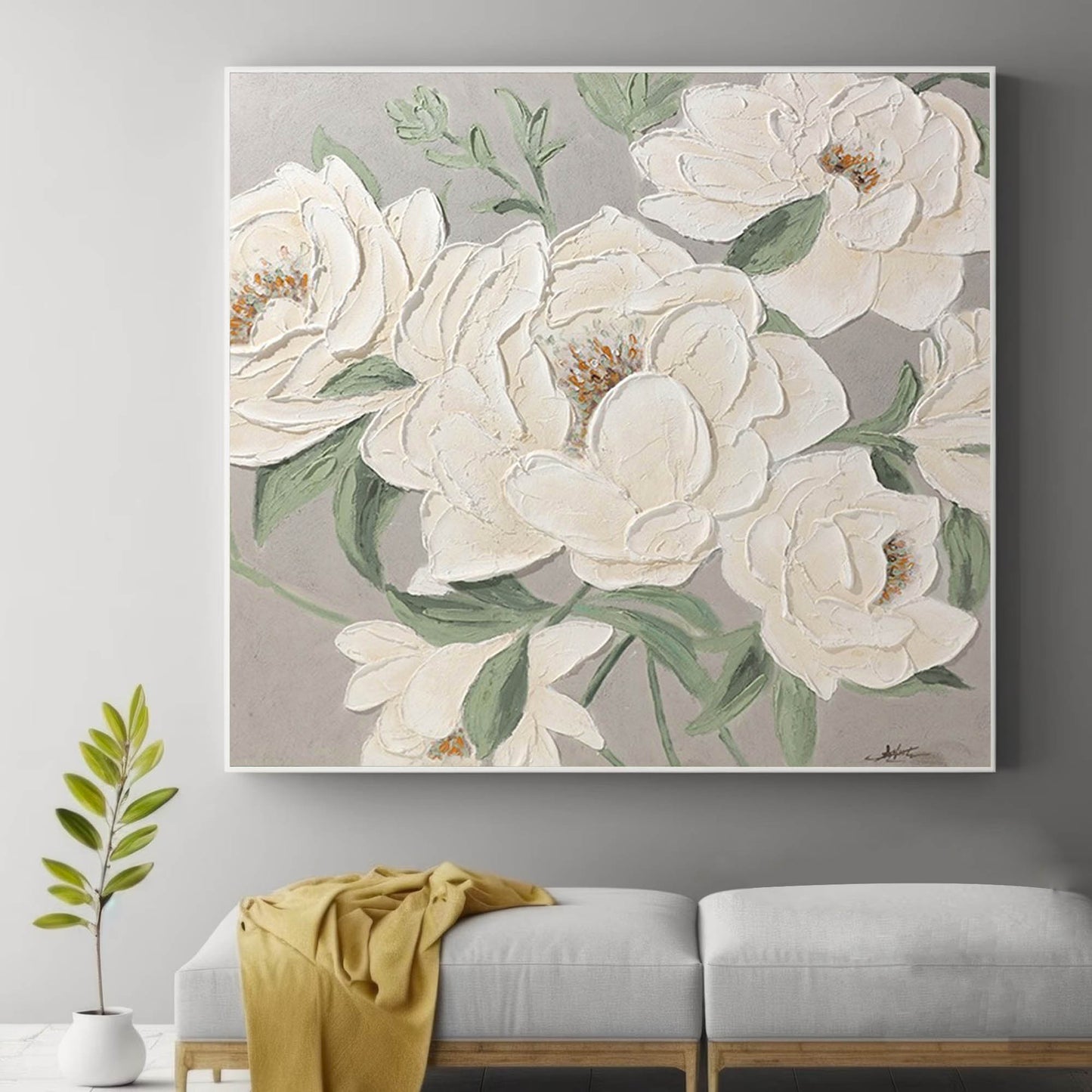 Elegant White Floral Oil Painting for Modern Home Decoration