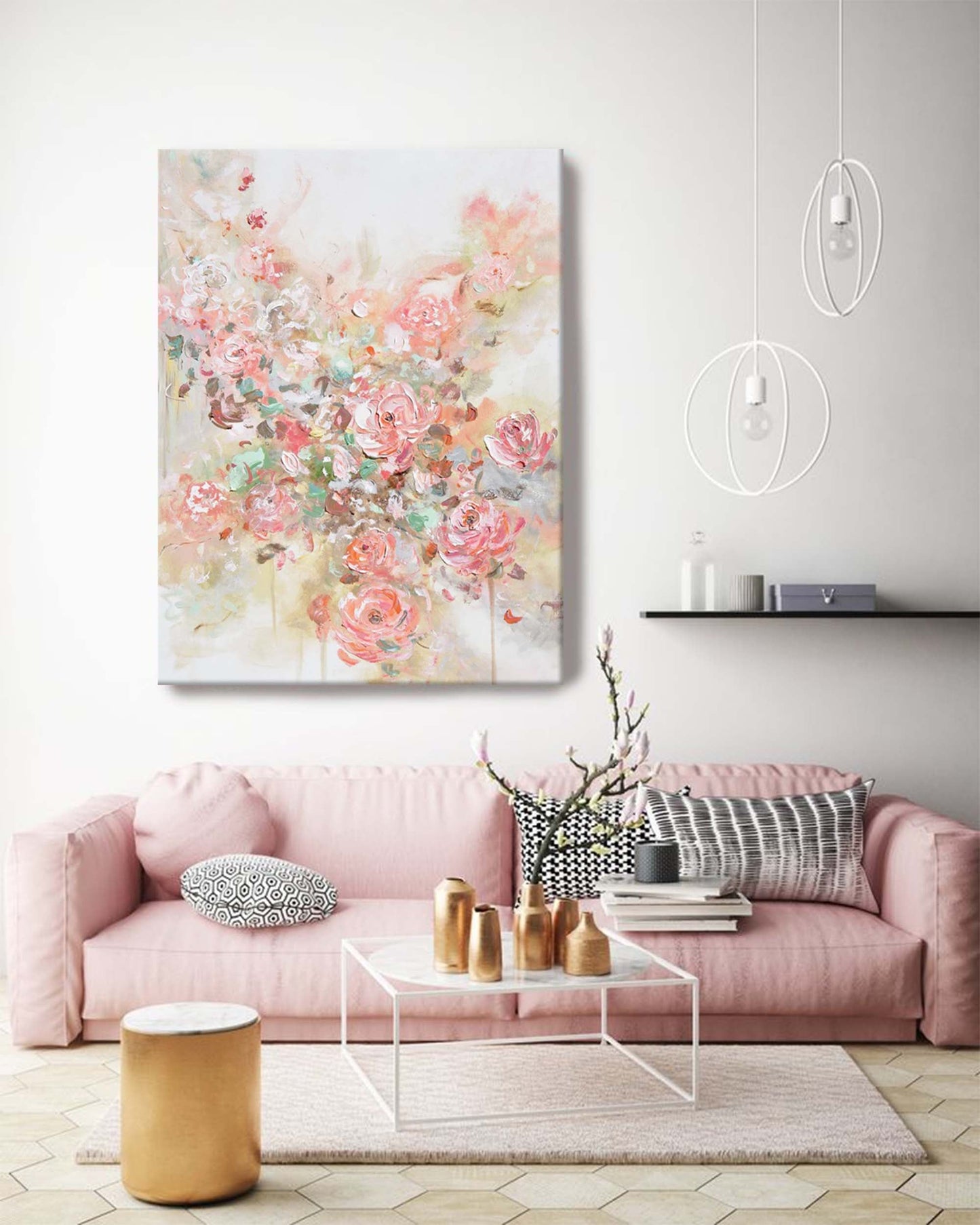Romantic Floral Oil Painting with Soft Pink Roses and Abstract Background