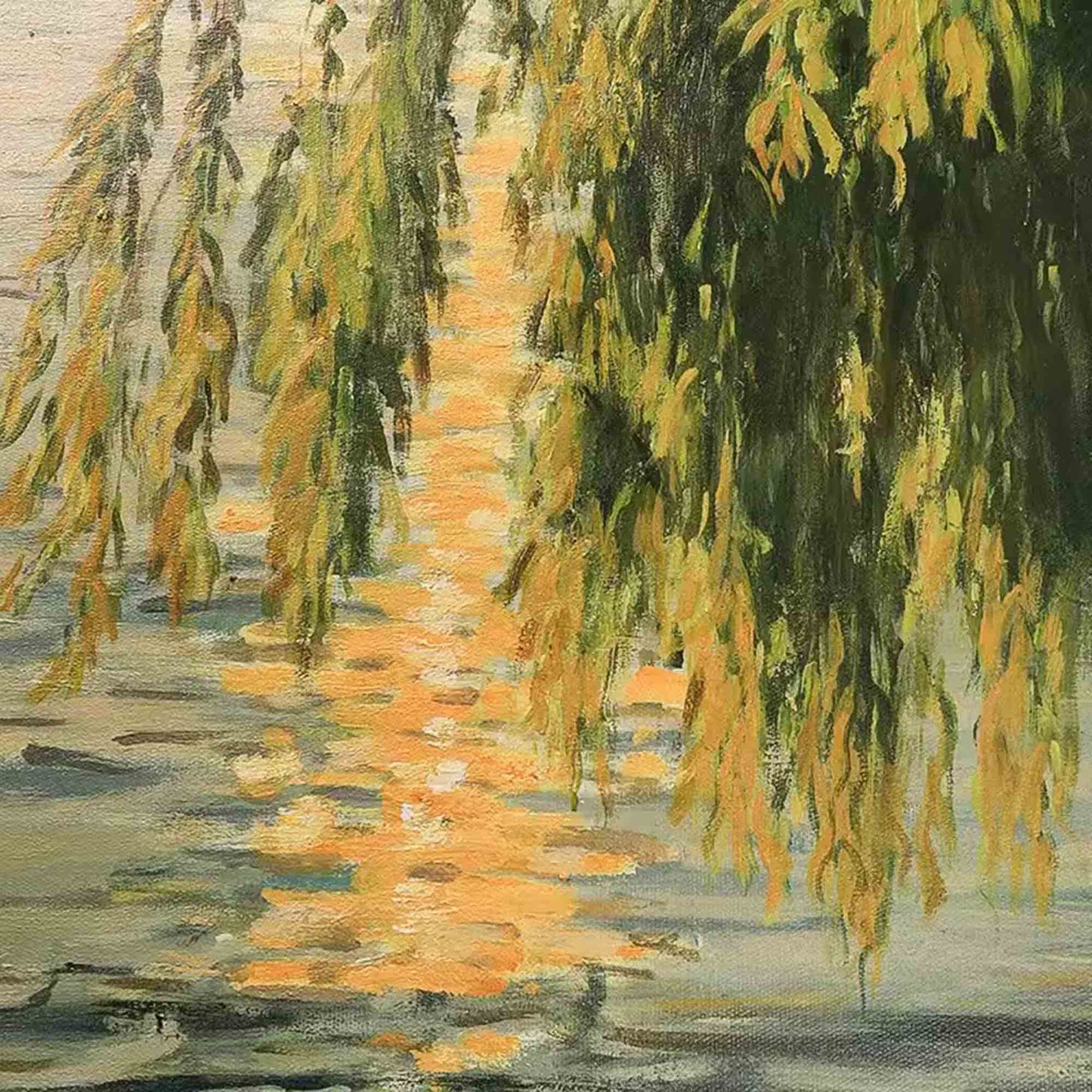 Tranquil Watercolor Landscape Oil Painting with Reflections and Greenery