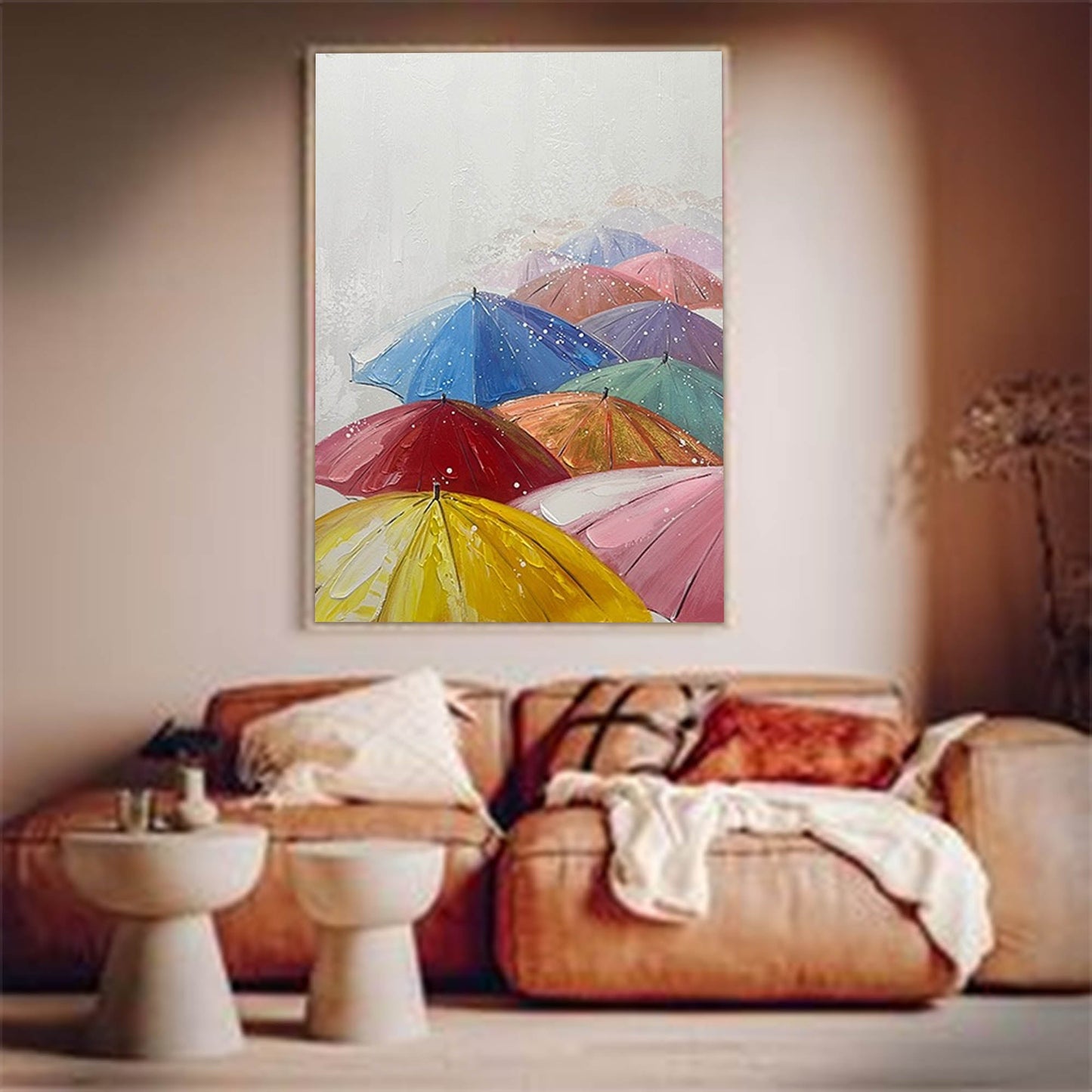 Colorful Umbrellas Abstract Oil Painting for Modern Home Decor