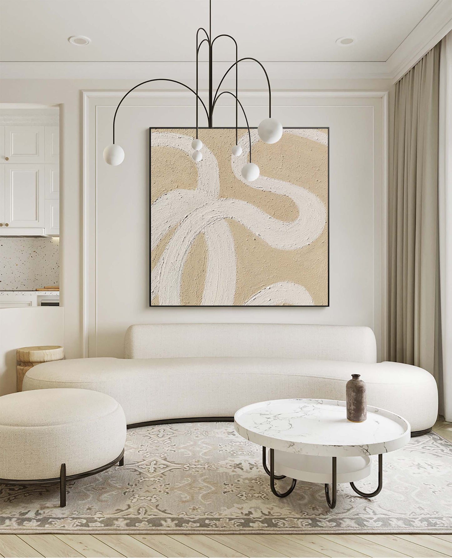 Contemporary Minimalist Line Art Oil Painting in Beige Tones for Modern Décor