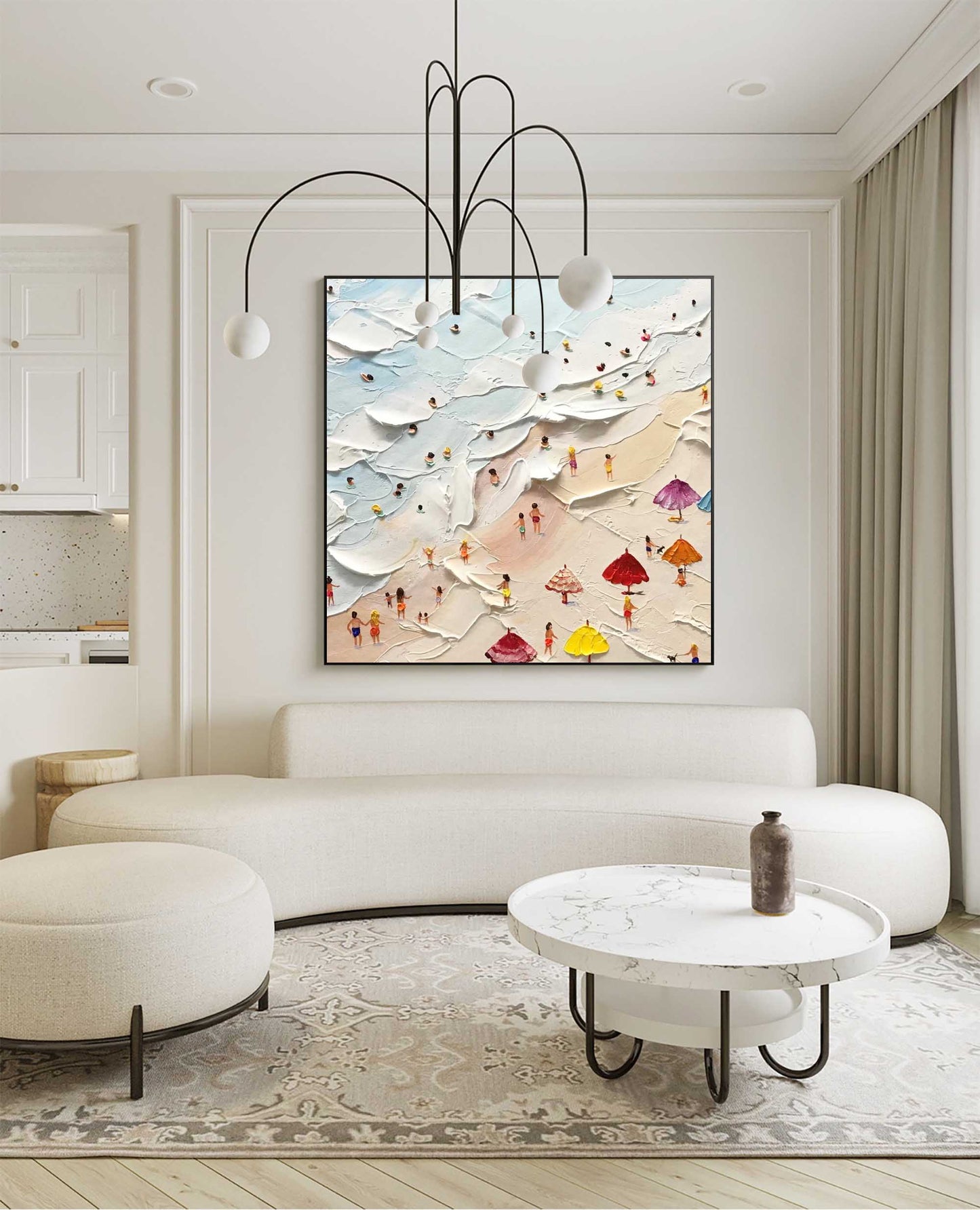 Vibrant Beach Scene Oil Painting with Colorful Umbrellas and Ocean Waves