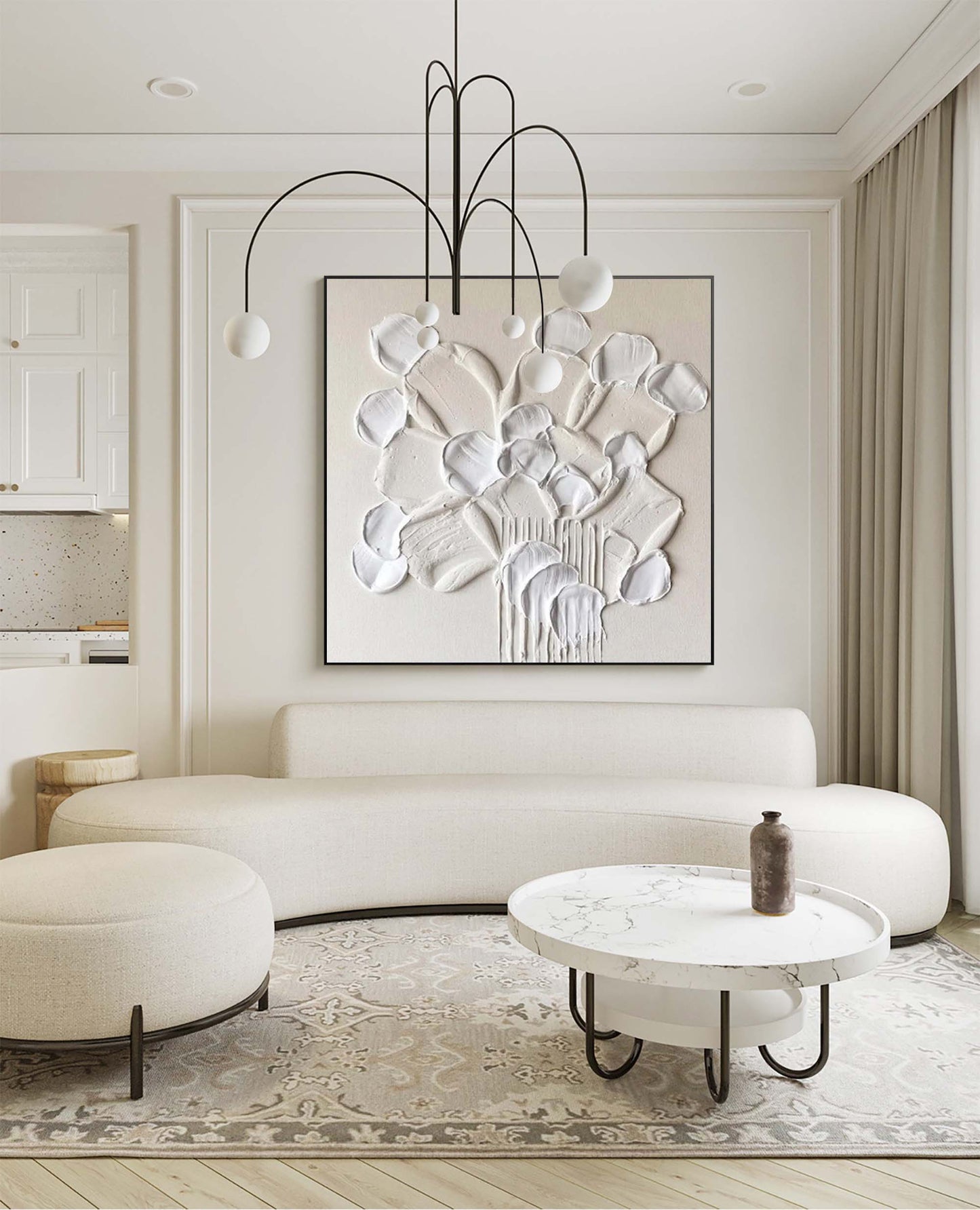 Elegant White Flower Abstract Oil Painting for Modern Home Decor