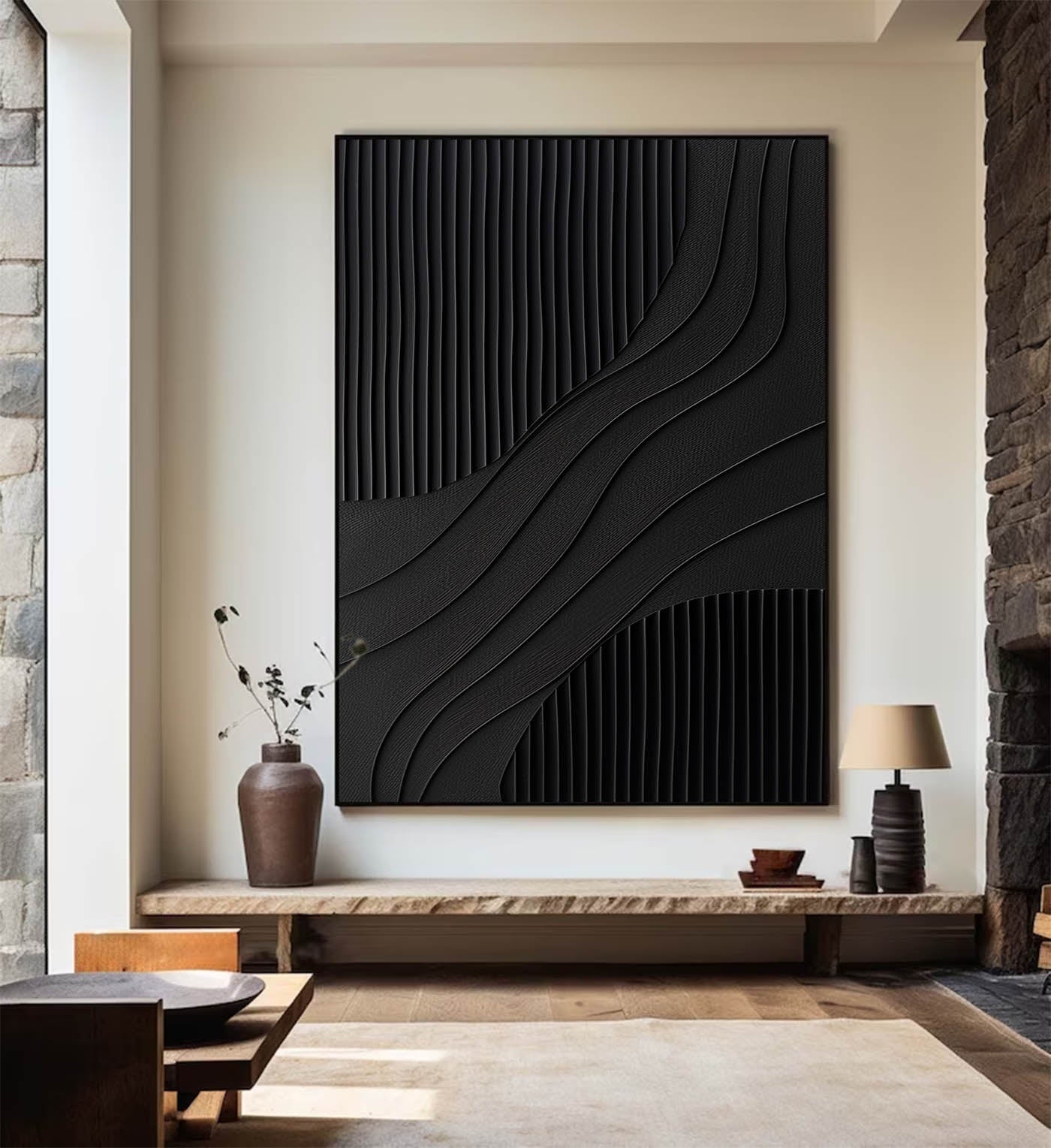 Elegant Black Minimalist Abstract Oil Painting for Modern Home Decor