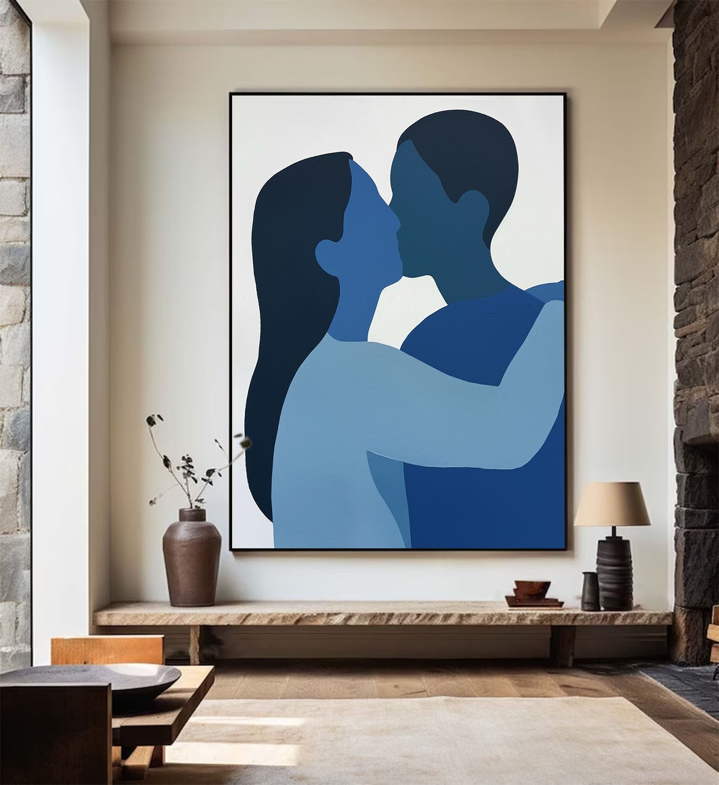 Blue Emotion: Modern Abstract Couple's Portrait Oil Painting