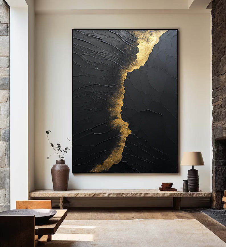 Elegant Black and Gold Minimalist Abstract Oil Painting for Modern Art Lovers