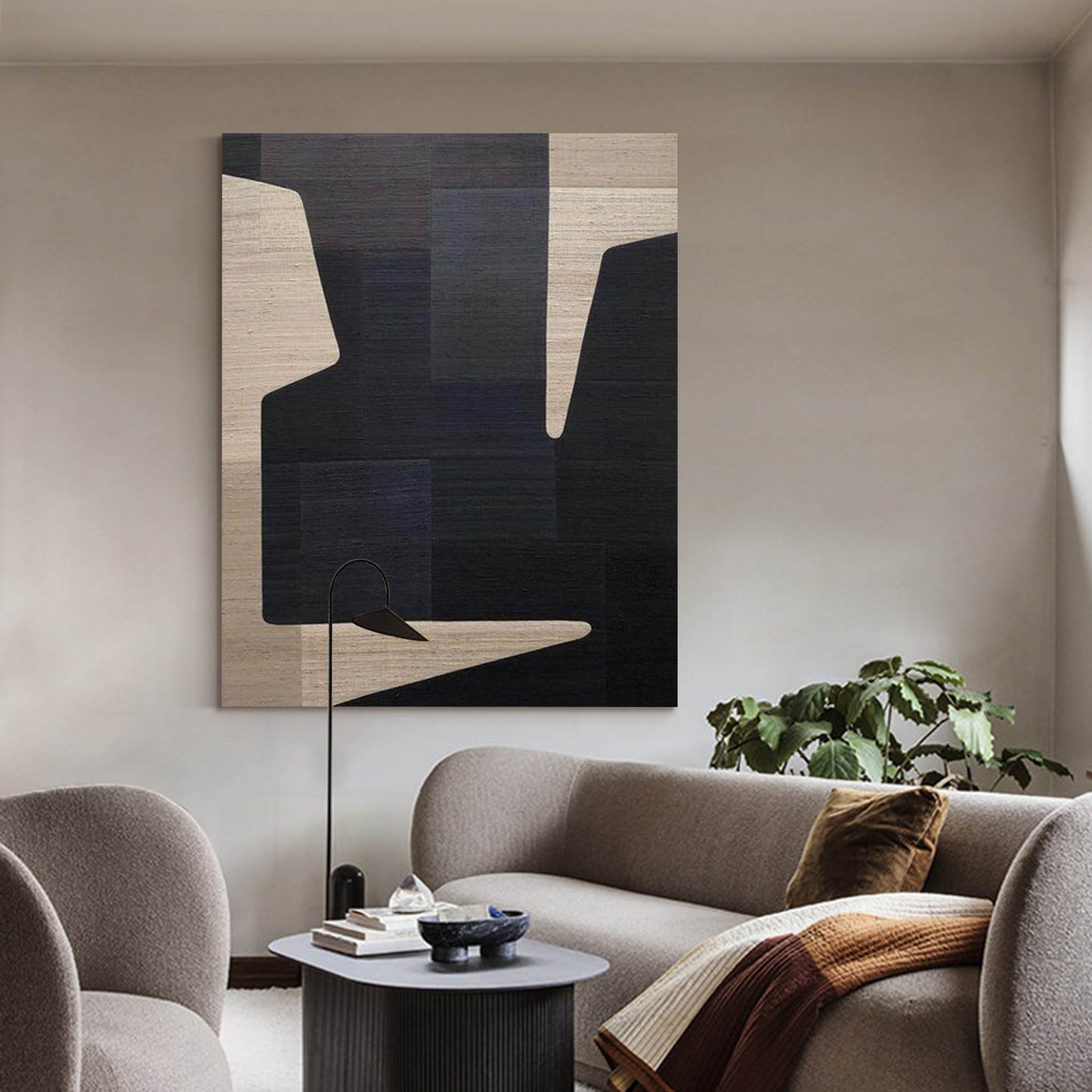 Contemporary Geometric Oil Painting in Bold Black and Neutral Tones for Modern Decor