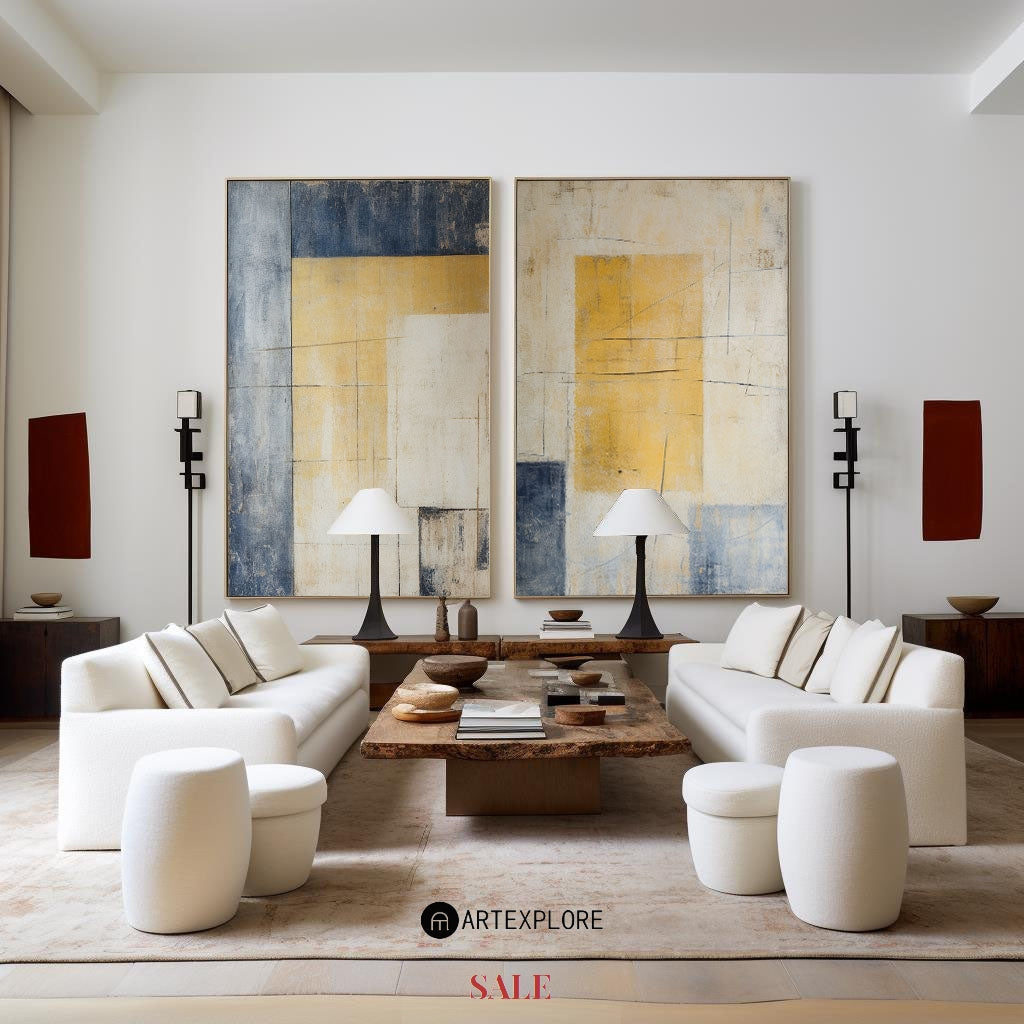 Contemporary Abstract Duo in Yellow and Blue for Modern Home Decor