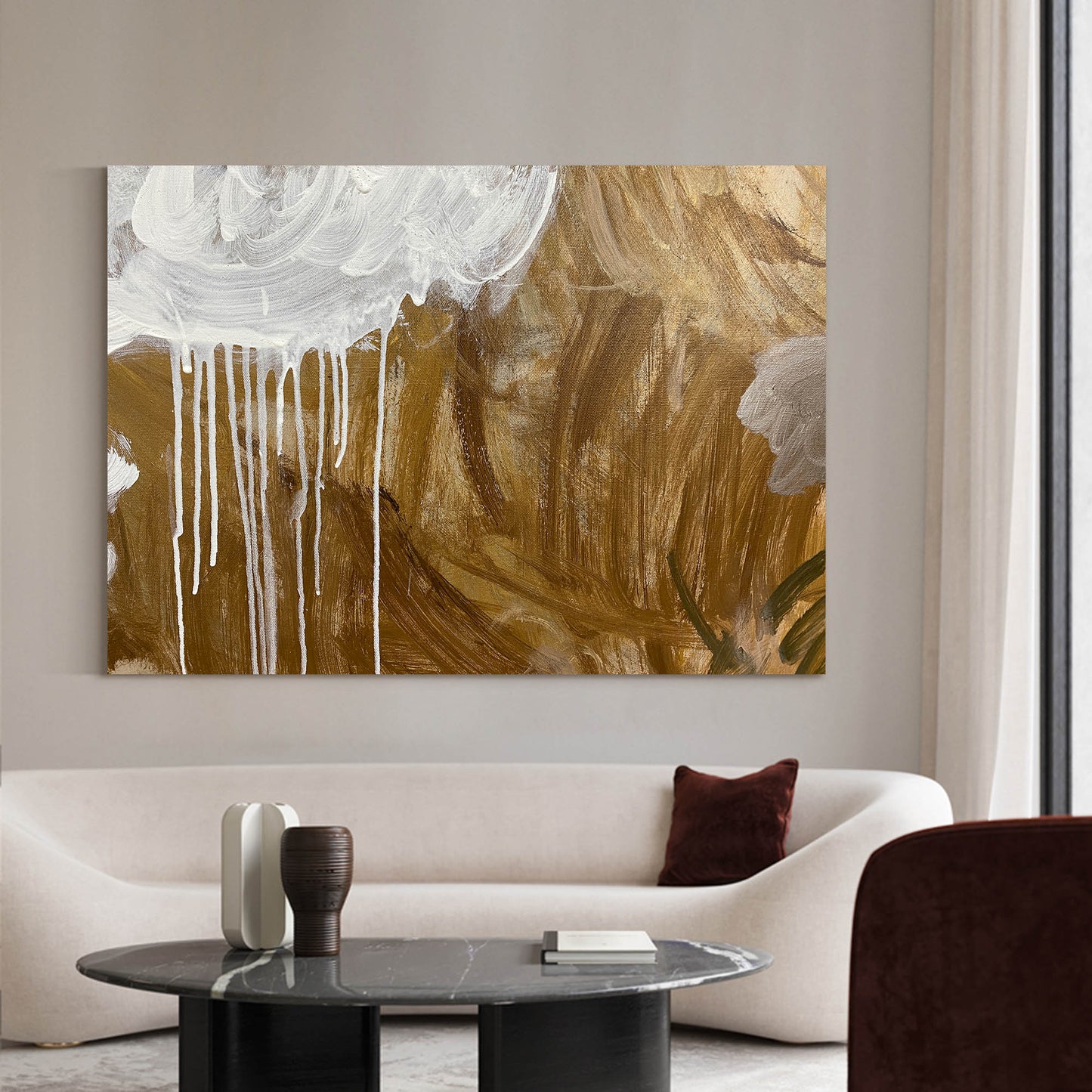 Contemporary Gold and White Abstract Oil Painting for Modern Decor