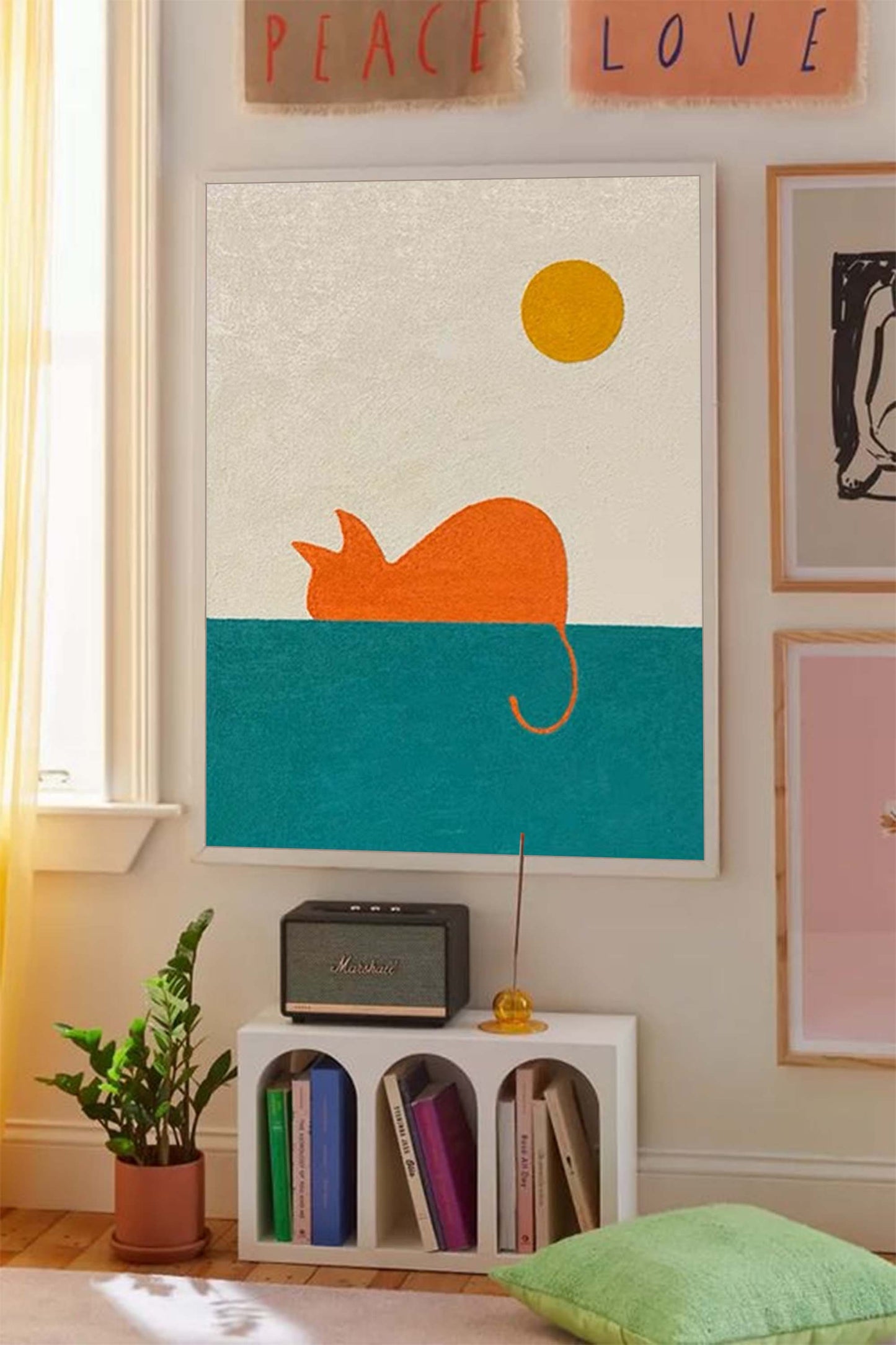 Colorful Cat Oil Painting with Sun and Sea | Abstract Animal Canvas Art for Home Decor