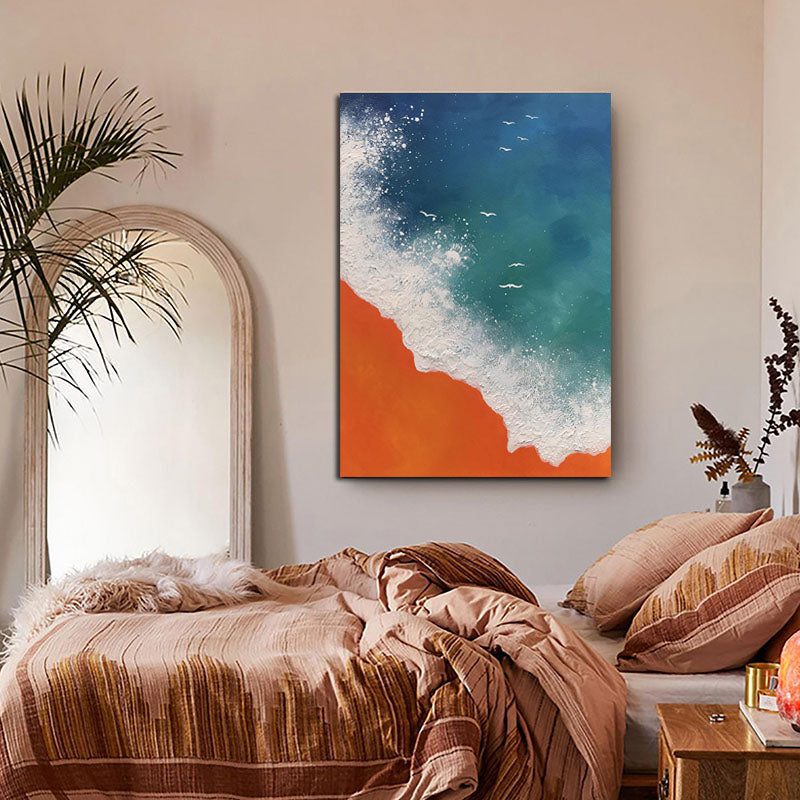 Coastal Serenity: Vibrant Ocean Waves and Sandy Shore Oil Painting