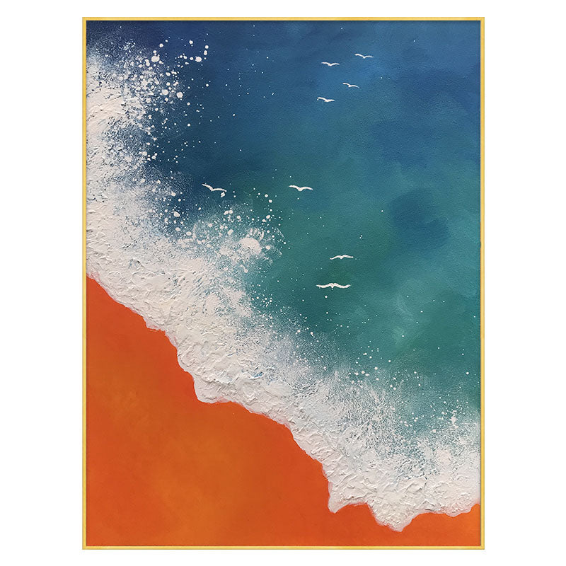 Coastal Serenity: Vibrant Ocean Waves and Sandy Shore Oil Painting