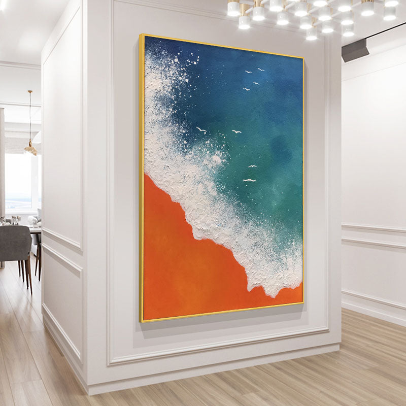 Coastal Serenity: Vibrant Ocean Waves and Sandy Shore Oil Painting