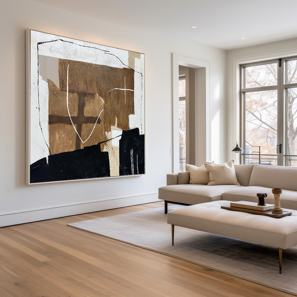 Contemporary Abstract Oil Painting with Bold Geometric Shapes and Earthy Tones